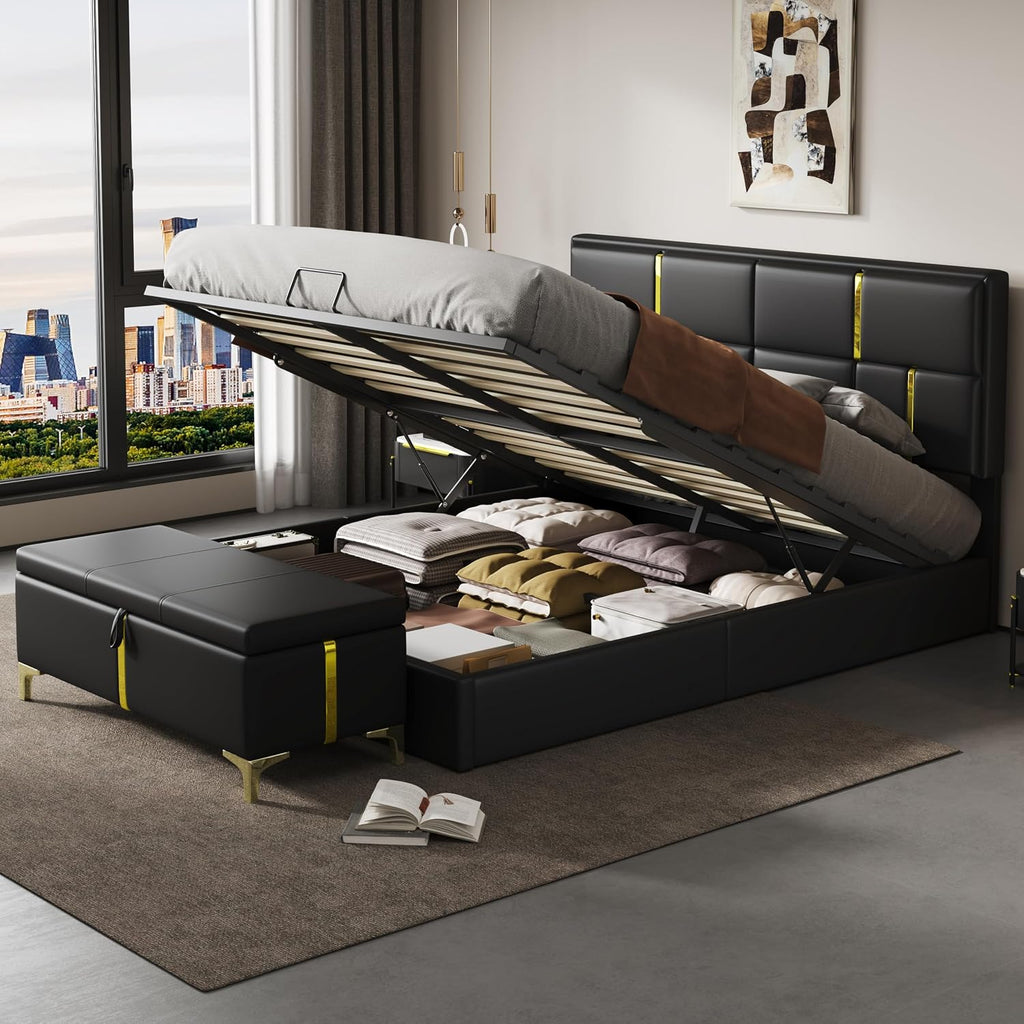 JIJIWANG Queen Size Lift Up Storage Bed with Ottoman - Upholstered Platform Bed Frame with Hydraulic Storage System, Modern Wingback Headboard, Wood Slats Support, No Box Spring Needed, Black
