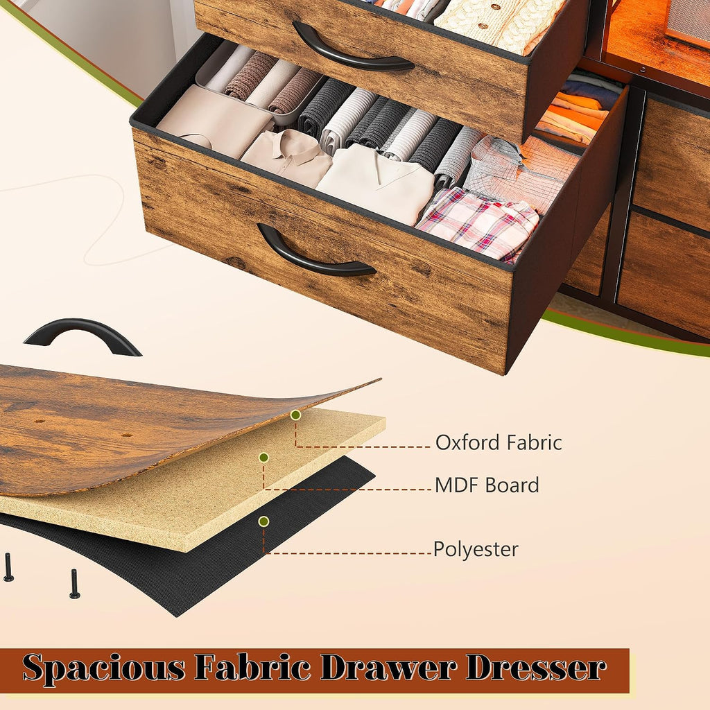 EnHomee 12 Drawers Dresser for Bedroom with LED Lights & Charging Station,TV Stand for 55/60'' TV, Fabric Dressers & Chests of Drawers with 3 Wooden Shelves for Hallway,Sturdy,Rustic Brown