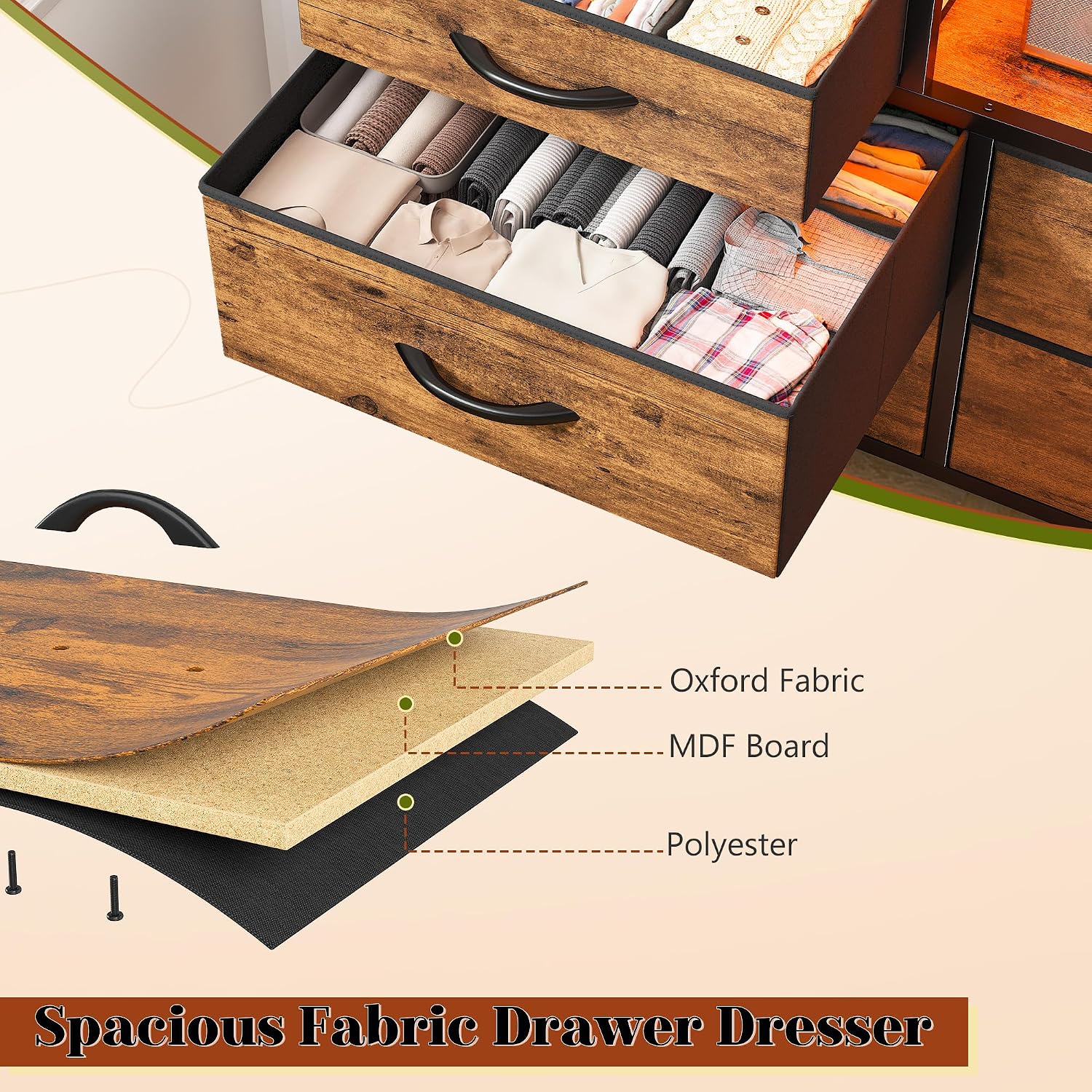 EnHomee 12 Drawers Dresser for Bedroom with LED Lights & Charging Station,TV Stand for 55/60'' TV, Fabric Dressers & Chests of Drawers with 3 Wooden Shelves for Hallway,Sturdy,Rustic Brown
