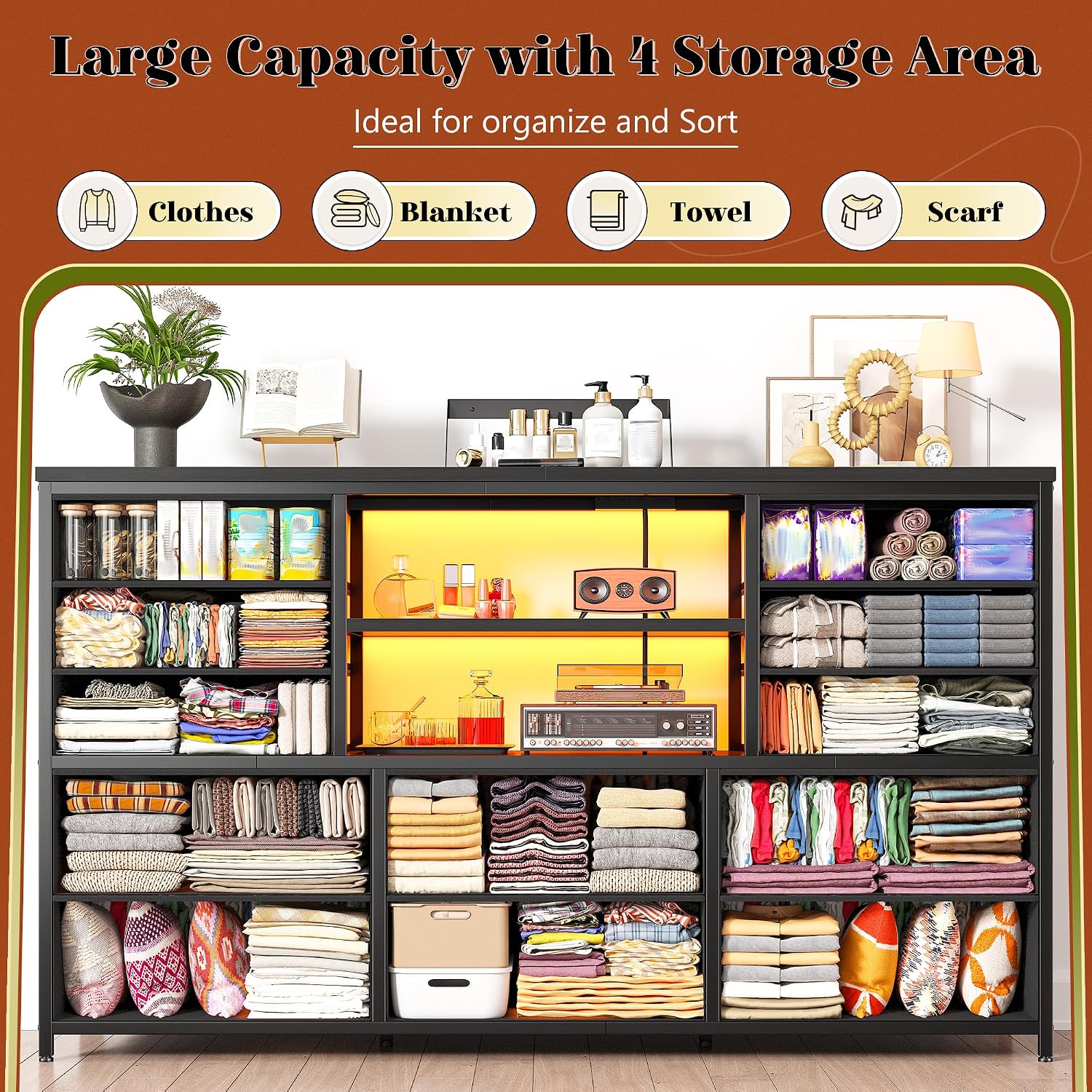 EnHomee 12 Drawers Dresser for Bedroom with LED Lights &Charging Station, TV Stand for 55/60'' TV, Fabric Dressers & Chests of Drawers with 3 Wooden Shelves for Hallway,Sturdy,Grain Black