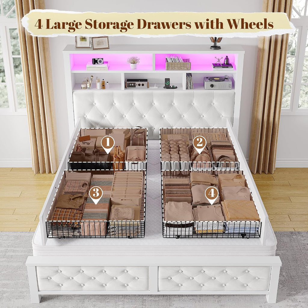 EnHomee Full Size Bed Frame with 4 Storage Drawers and Headboard Upholstered,Wooden Full Bed Frame with Charging Station and LED Light,NO Noise,No Box Spring Needed,Beige