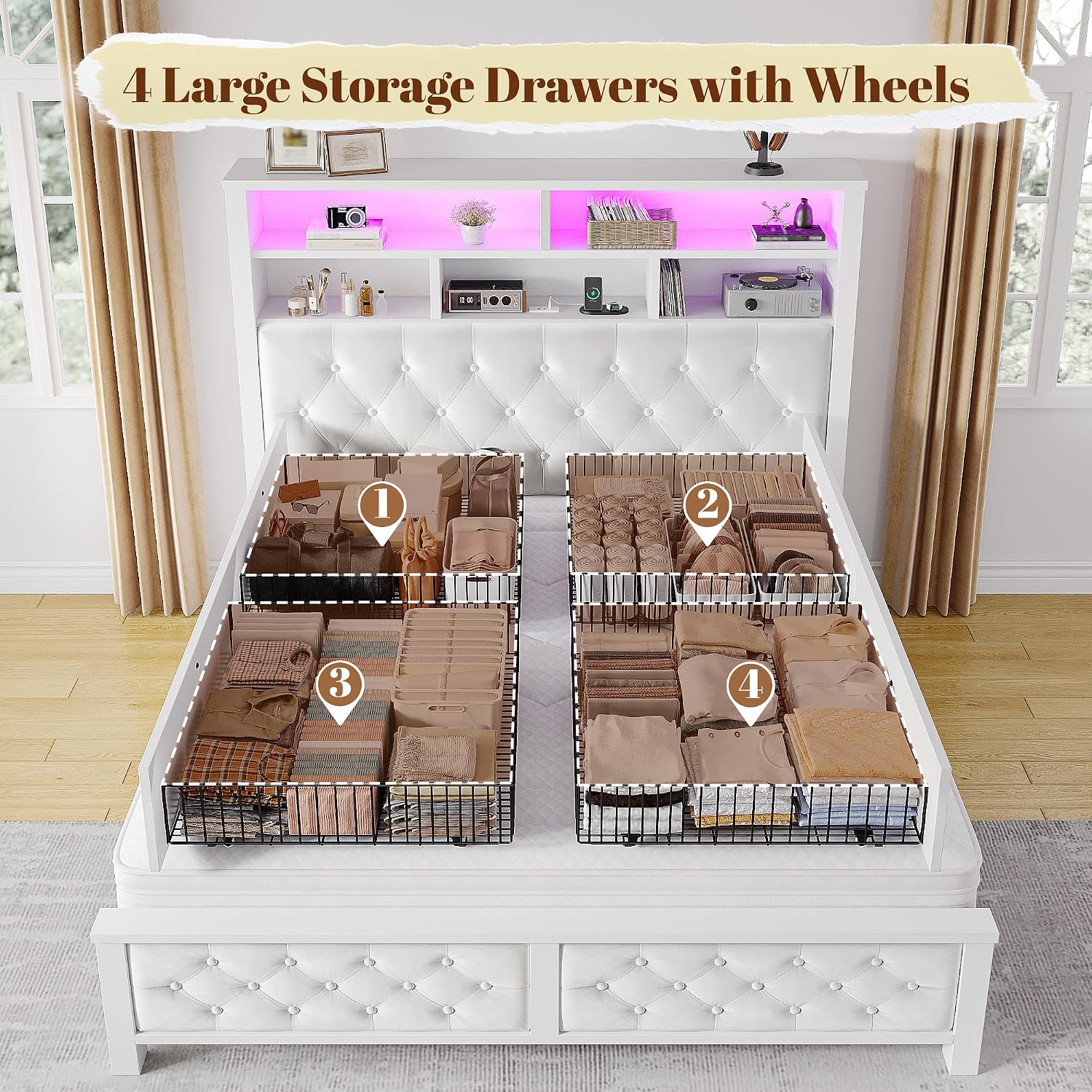 EnHomee Full Size Bed Frame with 4 Storage Drawers and Headboard Upholstered,Wooden Full Bed Frame with Charging Station and LED Light,NO Noise,No Box Spring Needed,Beige