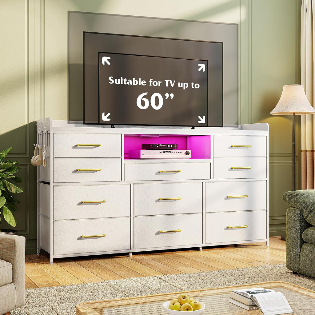 EnHomee Dresser TV Stand with 11 Drawers, 60' TV Stand with LED Lights & Power Outlets, White Dresser for Bedroom with Shelves & 5 Hooks for Dorm, Hallway
