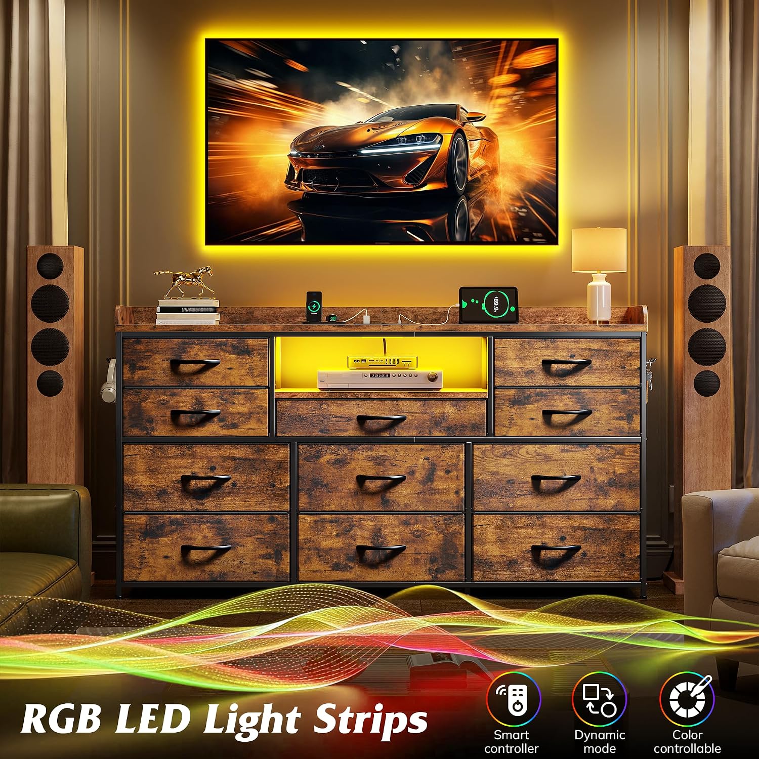 EnHomee Dresser TV Stand with 11 Drawers, 60' TV Stand with LED Lights & Power Outlets, Long Dresser for Bedroom with Shelves & 4 Hooks for Dorm, Hallway, Rustic Brown