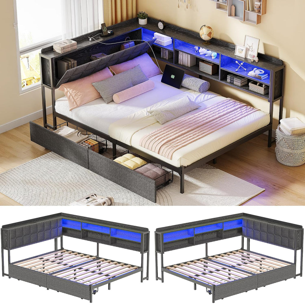 Full Corner Bed Frame with Storage Drawers and Bookcase & Flip-up Storage Headboard, Full Size Platform Corner Bed Frame with Charging Station and LED Lights, Full Daybed for Dorm or Guests, Grey