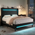Allewie Upholstered Queen Size Platform Bed Frame with LED Light and Charging Station, Button Tufted High Headboard, Wingback Design, Noise Free, Easy Assembly, No Box Spring Needed, Black