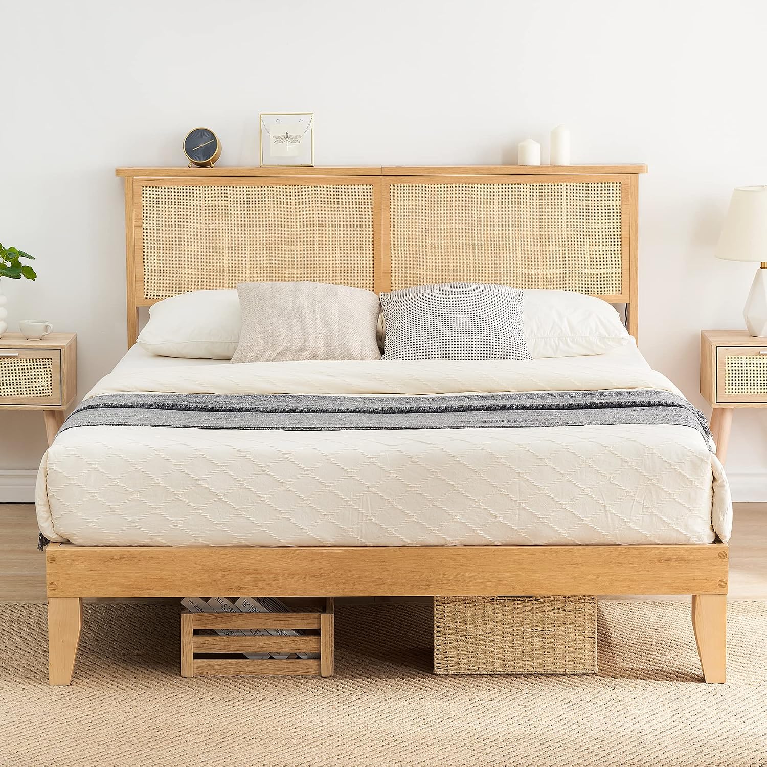 coucheta Rattan Bed Frame Full with Natural Rattan Headboard,Bohemian Rattan Bed Frame with LED Lights,Solid Wood Foundation with Silent Slats,No Box Spring Needed (Full)