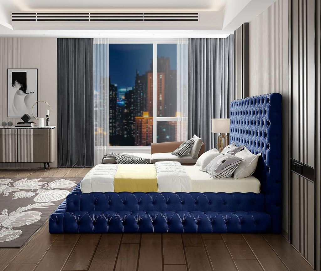 Meridian Furniture RevelNavy-Q Revel Collection Modern | Contemporary Navy Velvet Upholstered Bed with Deep Button Tufting, 85' W x 98' D x 60' H, Navy, Queen