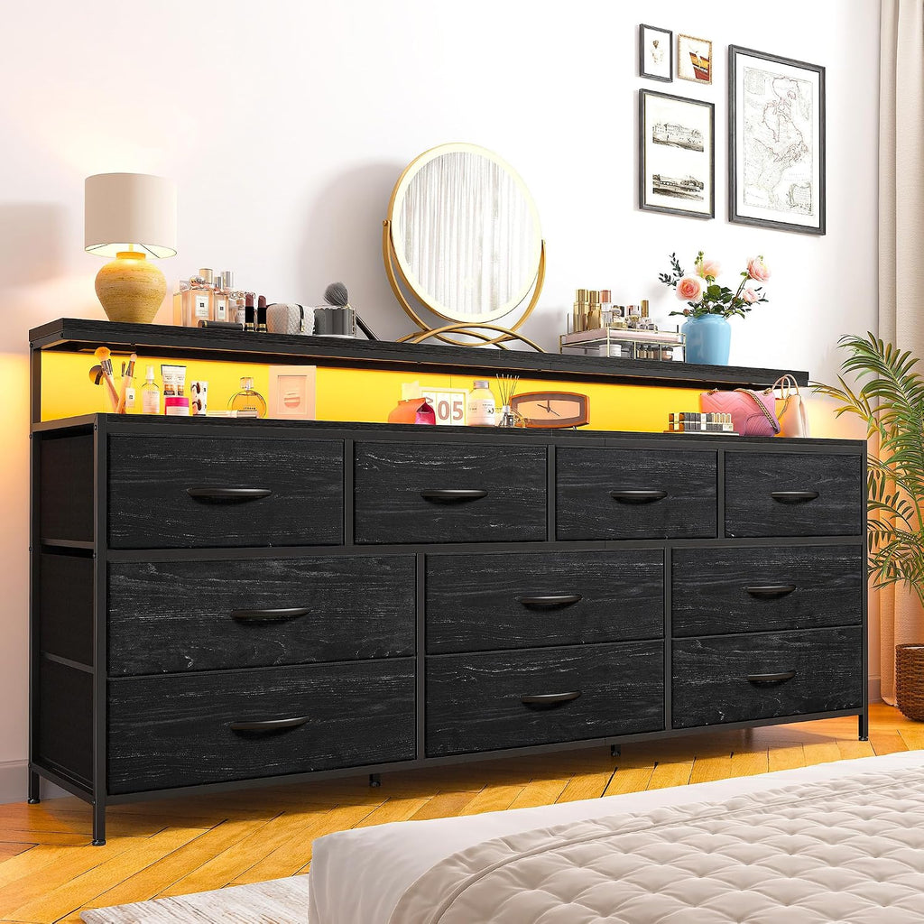 EnHomee 55' W Dresser for Bedroom with 10 Fabric Drawers Long Dresser with LED Lights & Power Outlets Dressers & Chests of Drawers Large Organizer for Bedroom, Metal Frame, Wood Top, Charcoal Black