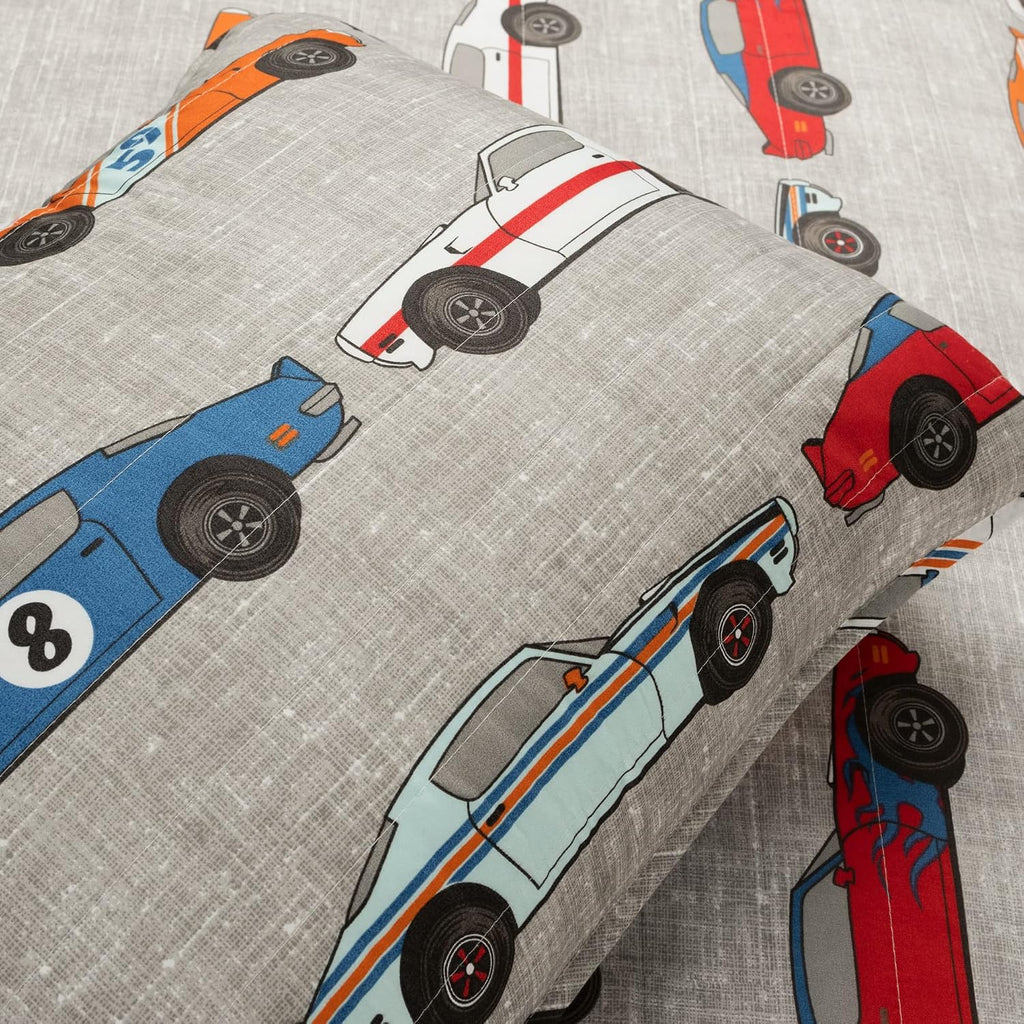 Lush Decor Race Car Kids' 7-Piece Oversized Quilt Bed Set, Reversible Bedding Set for Boys, Blue & Orange, Full/Queen