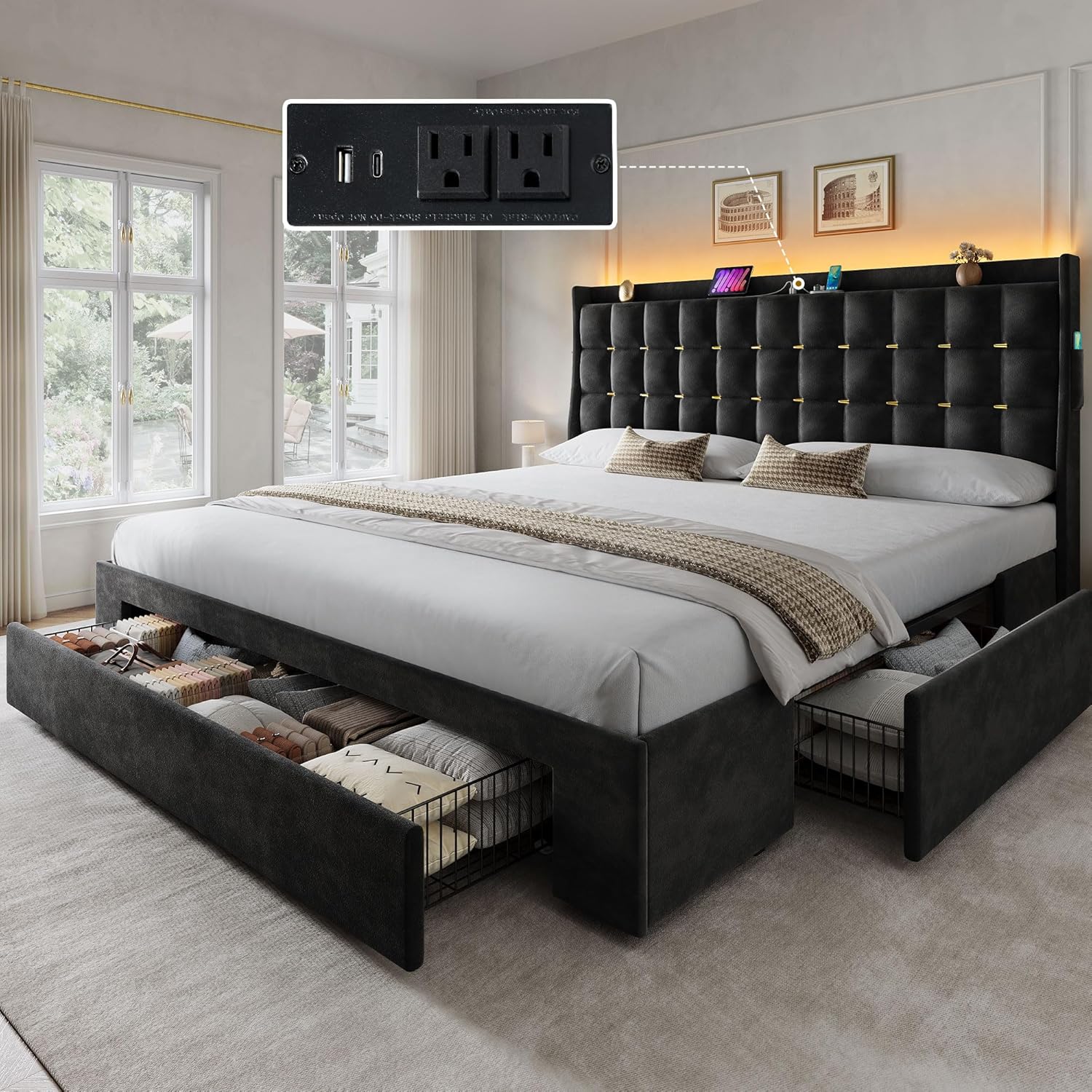 YITAHOME King Size Bed Frame with 3 Storage Drawers and RGB LED Lights, Velvet Upholstered Bed with Charging Station and Storage Headboard, No Box Spring Needed, Easy Assembly, Noise-Free, Black