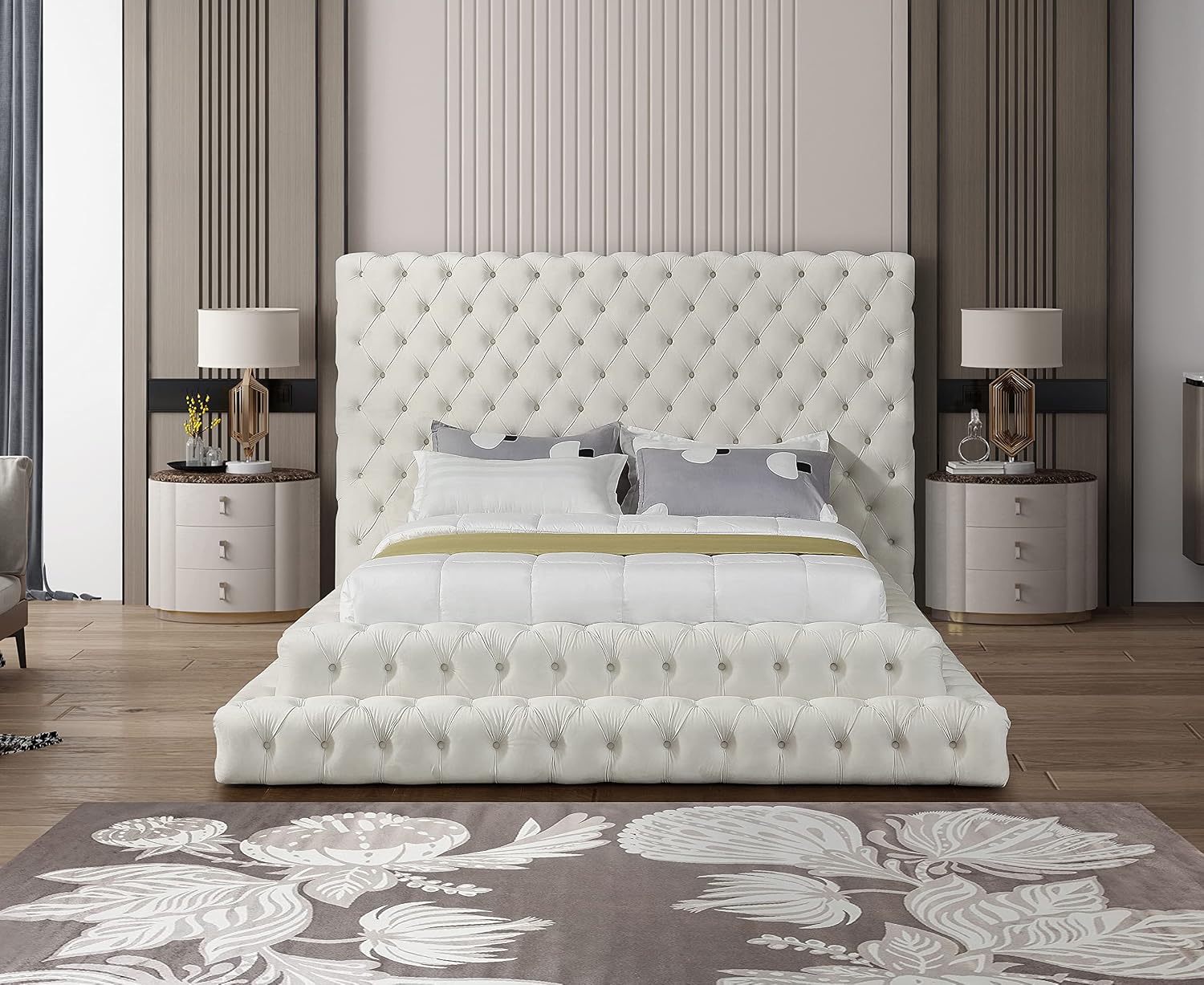 Meridian Furniture RevelCream-Q Revel Collection Modern | Contemporary Cream Velvet Upholstered Bed with Deep Button Tufting, 85' W x 98' D x 60' H, Cream, Queen
