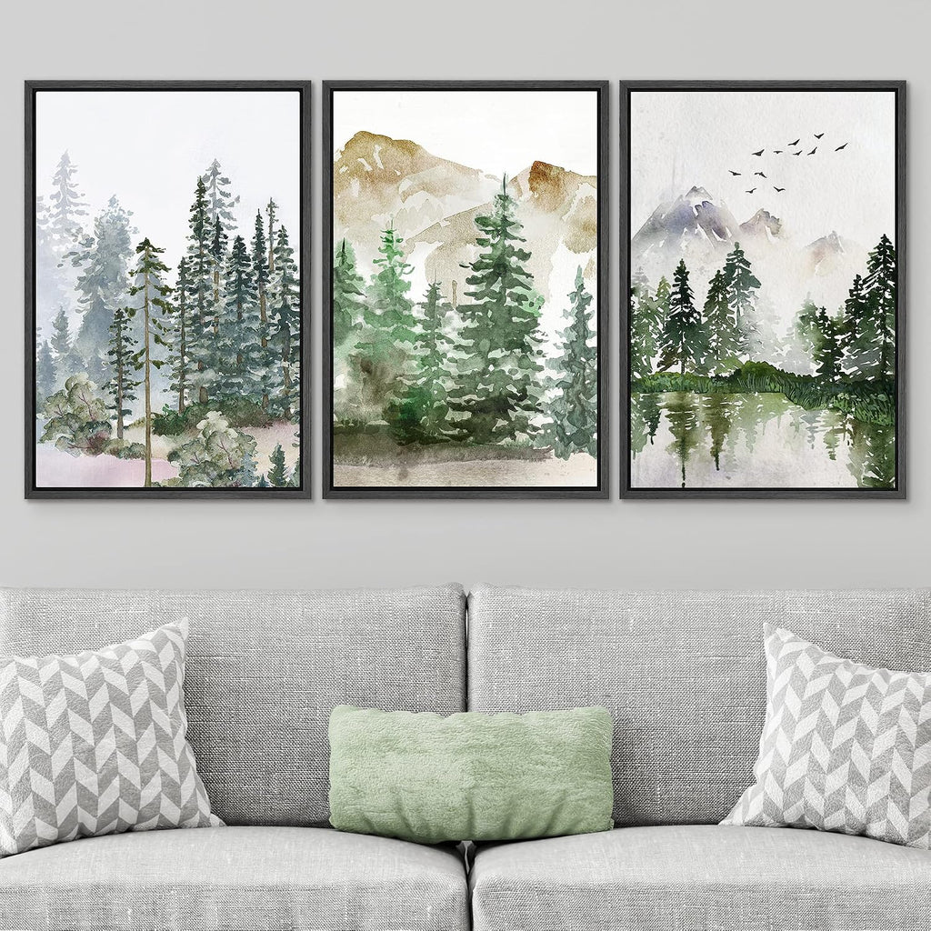 SIGNWIN Framed Canvas Print Wall Art Set Pastel Mountain Range Forest Mist Nature Wilderness Illustrations Modern Art Decorative Rustic Calm/Zen for Living Room, Bedroom, Office - 16'x24'x3 Black