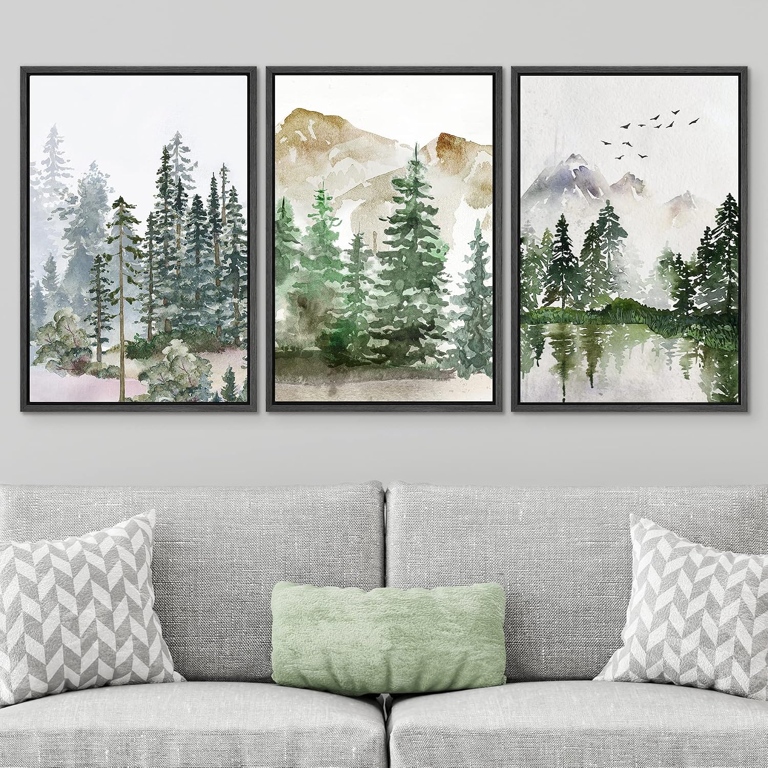 SIGNWIN Framed Canvas Print Wall Art Set Pastel Mountain Range Forest Mist Nature Wilderness Illustrations Modern Art Decorative Rustic Calm/Zen for Living Room, Bedroom, Office - 16'x24'x3 Black