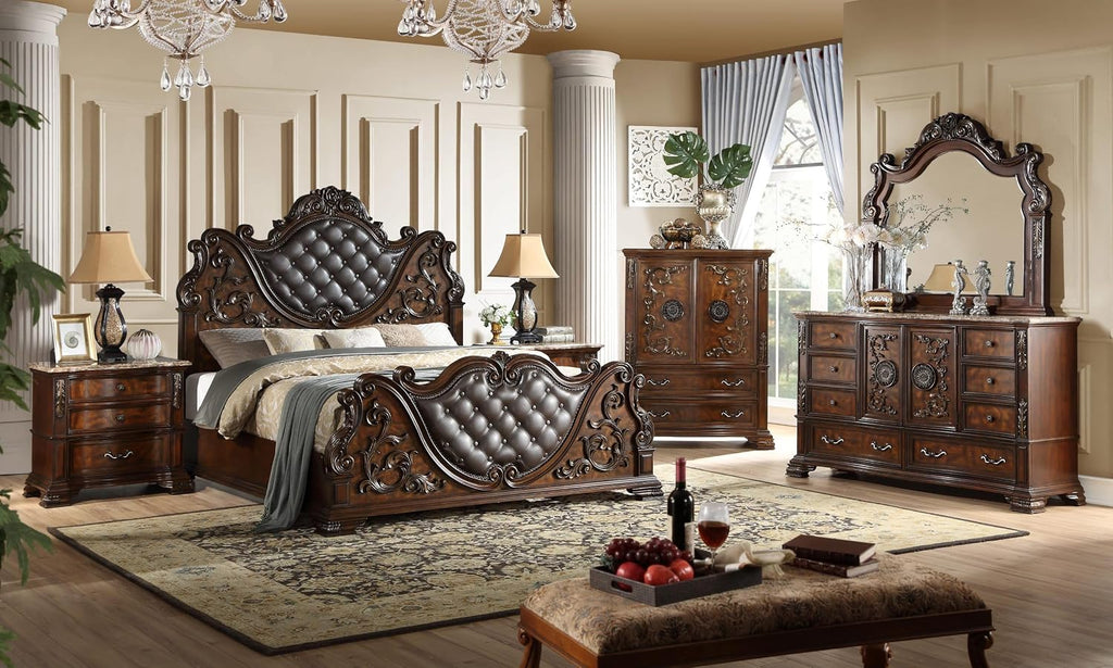 First of a Kind Cosmos Furniture Santa Monica Traditional King Bed - Cherry Finish Wood Bed with Tufted Headboard, Nail Head Trim - King Size Bed for Classic Bedroom Decor