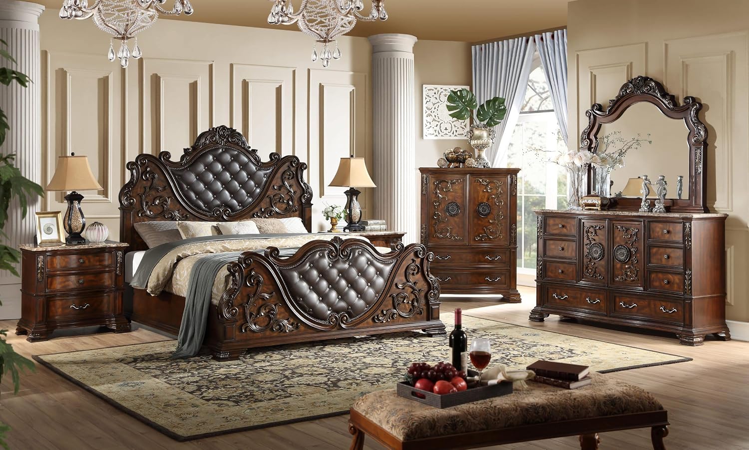 First of a Kind Cosmos Furniture Santa Monica Traditional King Bed - Cherry Finish Wood Bed with Tufted Headboard, Nail Head Trim - King Size Bed for Classic Bedroom Decor