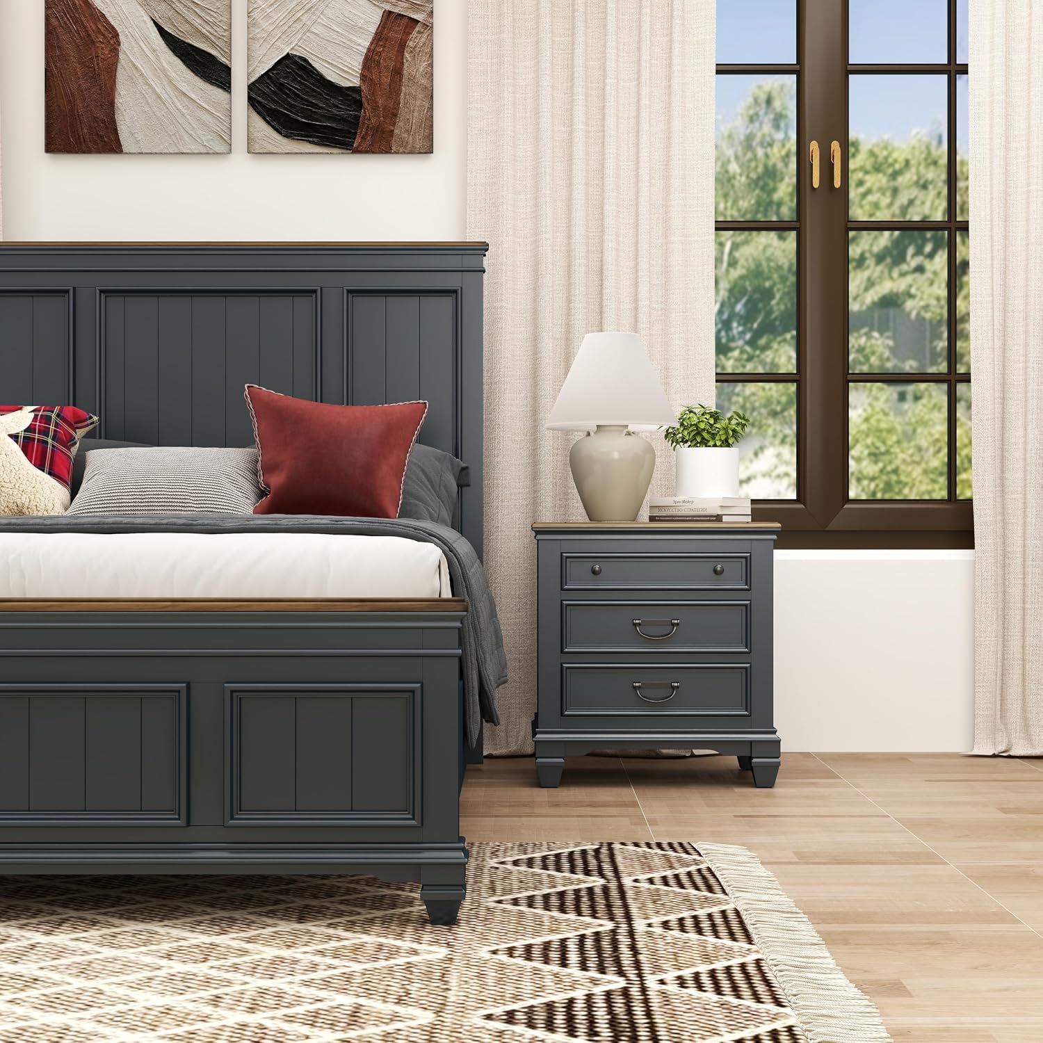 Roundhill Furniture Riverton Wood 3-Piece Bedroom Set, Shiplap Panel Queen Bed with 2 Nightstands in Slate Blue