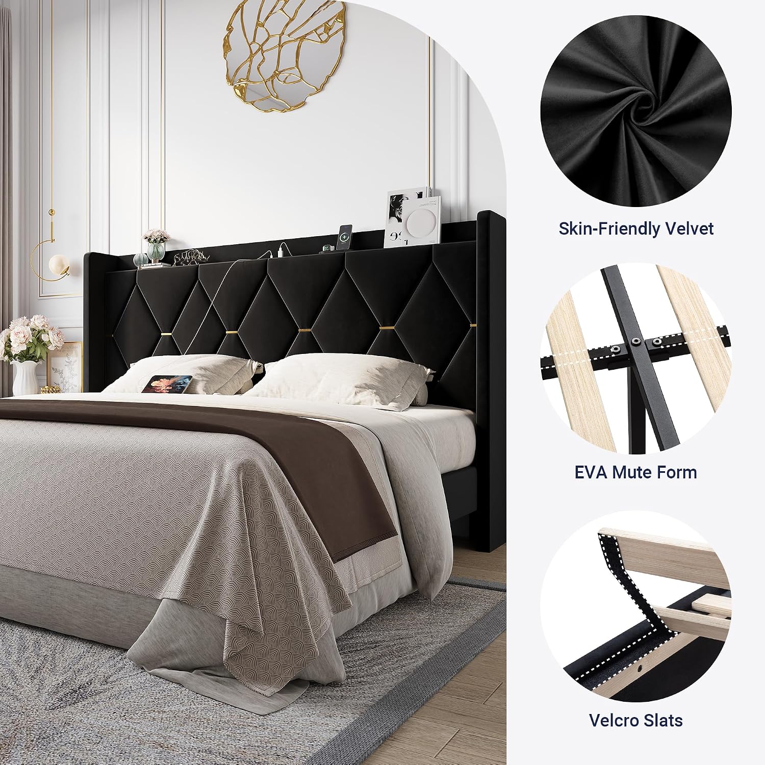 Allewie Velvet King Size Upholstered Bed Frame with Wingback Storage Headboard & Charging Station, Platform Bed with Diamond Tufted Design & Gold Trim, No Box Spring Needed, Easy Assembly, Black