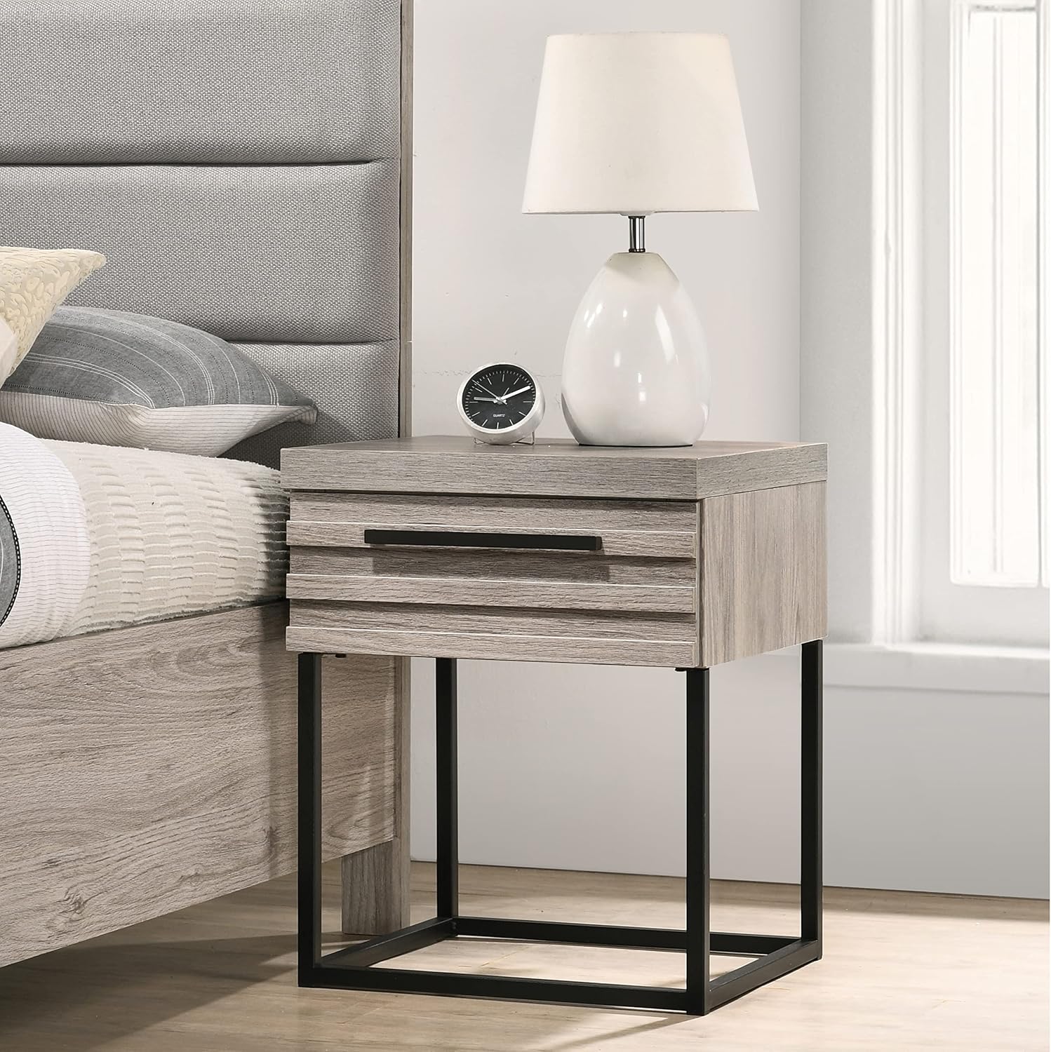 Roundhill Furniture Alvear Upholstered Wood Panel Bed, Dresser, Mirror, 2 Nightstands, and Chest, King, Weathered Gray