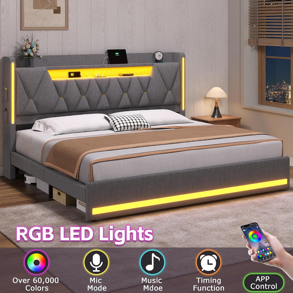 BYSAUD King Size Bed Frame with Storage Headboard, Upholstered King Platform Bed Frame with LED Lights and Charging Station, No Noise, Heavy Duty Metal Support, No Box Spring Needed, Dark Gray, Linen