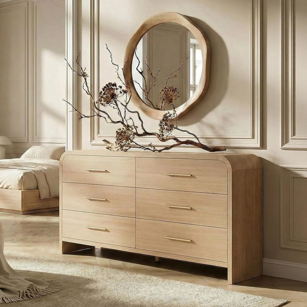 Curved 6-Drawer Dresser for Bedroom, 54' Wide Modern Chest of Drawers, Vanity Desk TV Stand for Living Room, Closet Storage Drawers Organizer Furniture, Nursery, Hallway, Oak