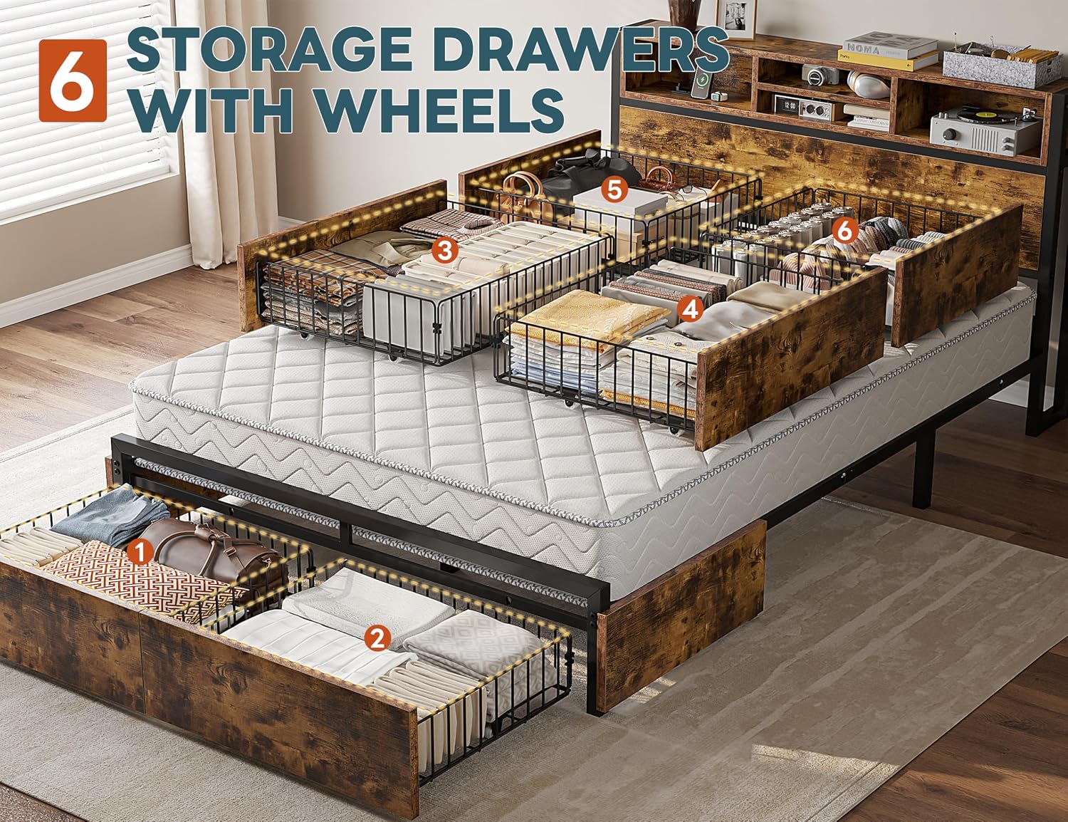 EnHomee Full Size Bed Frame with 6 Storage Drawers, Headboard & Charging Station, Noise-Free Metal Platform Bed, No Box Spring Needed,Vintage Brown