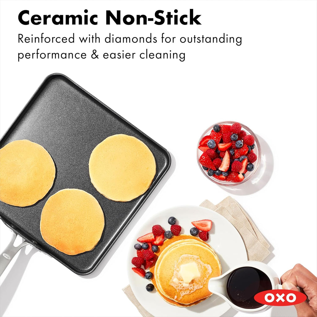 OXO Enhanced 11' Square Griddle Pan and 10' Frying Pan Skillet, PFAS & PFOA-Free, Healthy Ceramic Nonstick, Durable Hard Anodized Cookware, Stainless Steel Handle, Dishwasher & Oven Safe, Black
