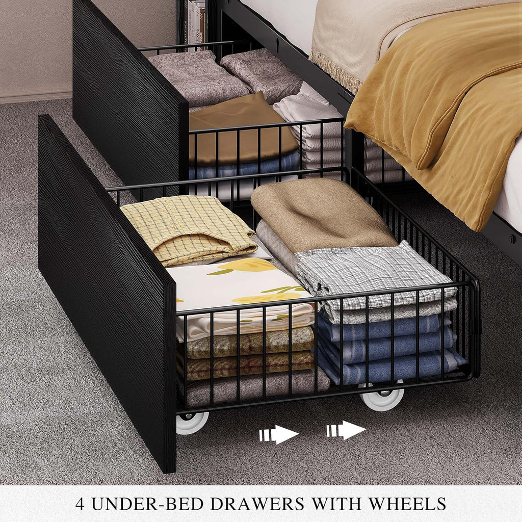 YITAHOME Queen Size Bed Frame with Bookcase Headboard and 4 Storage Drawers, RGB LED Bed Frame with Type-C & USB Charging Station Storage Headboard Bed, No Box Spring Needed, Noise Free, Black