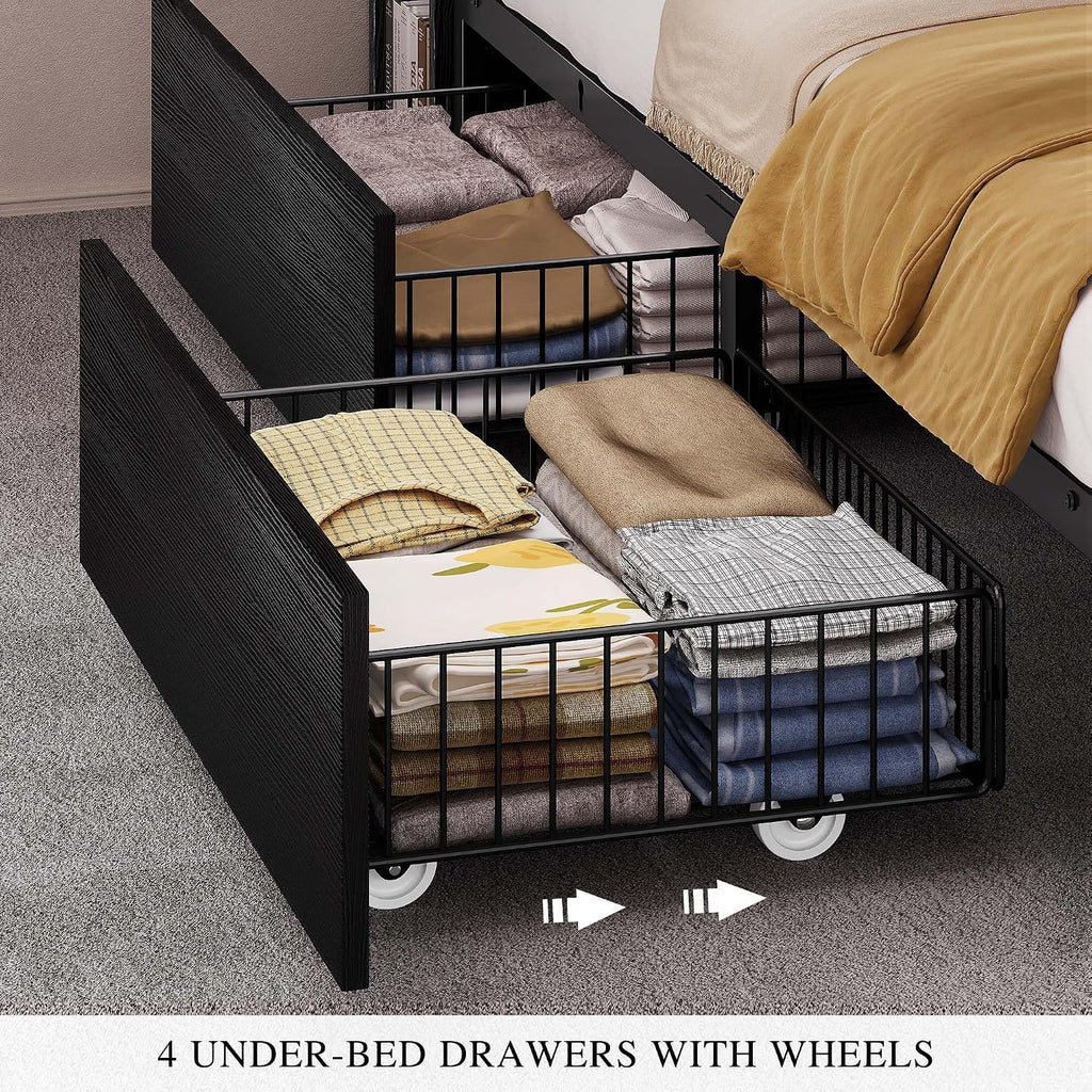 YITAHOME Queen Size Bed Frame with Bookcase Headboard and 4 Storage Drawers, RGB LED Bed Frame with Type-C & USB Charging Station Storage Headboard Bed, No Box Spring Needed, Noise Free, Black
