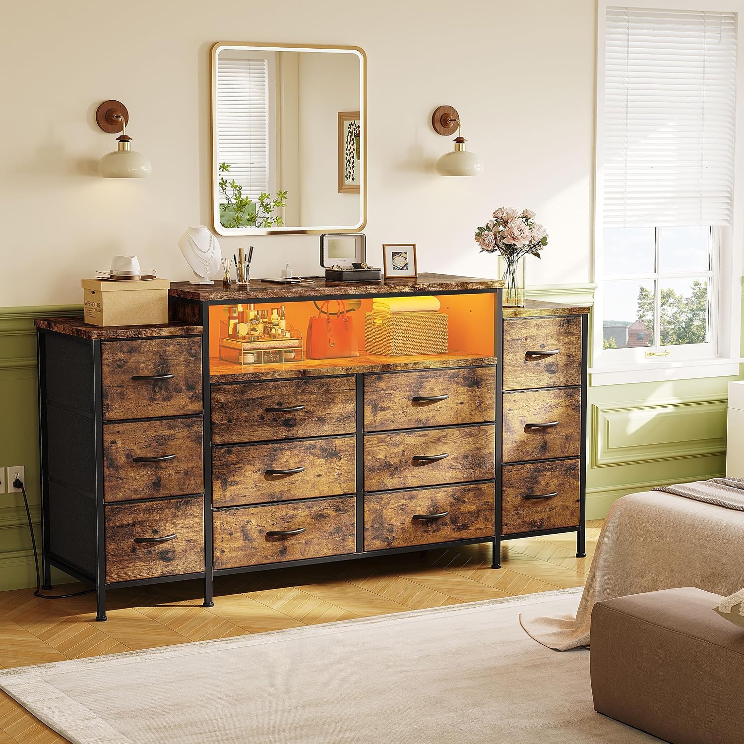 EnHomee 55' W Dresser for Bedroom with LED Lights & Charging Station 12 Drawer Dressers & Chests of Drawers Dresser TV Stand for Bedroom for Hanging 65' TV, Metal Frame & Fabric Drawers, Rustic Brown