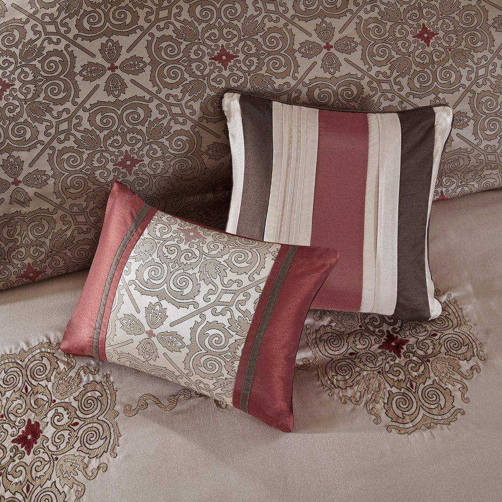 Madison Park Essentials Delaney 24-Piece Room In A Bag Comforter Set-Satin Jacquard, All Season Luxury Bedding, Sheets, decorative pillows and Curtains, Valance, Cal King(104'x92'), Medallion Red