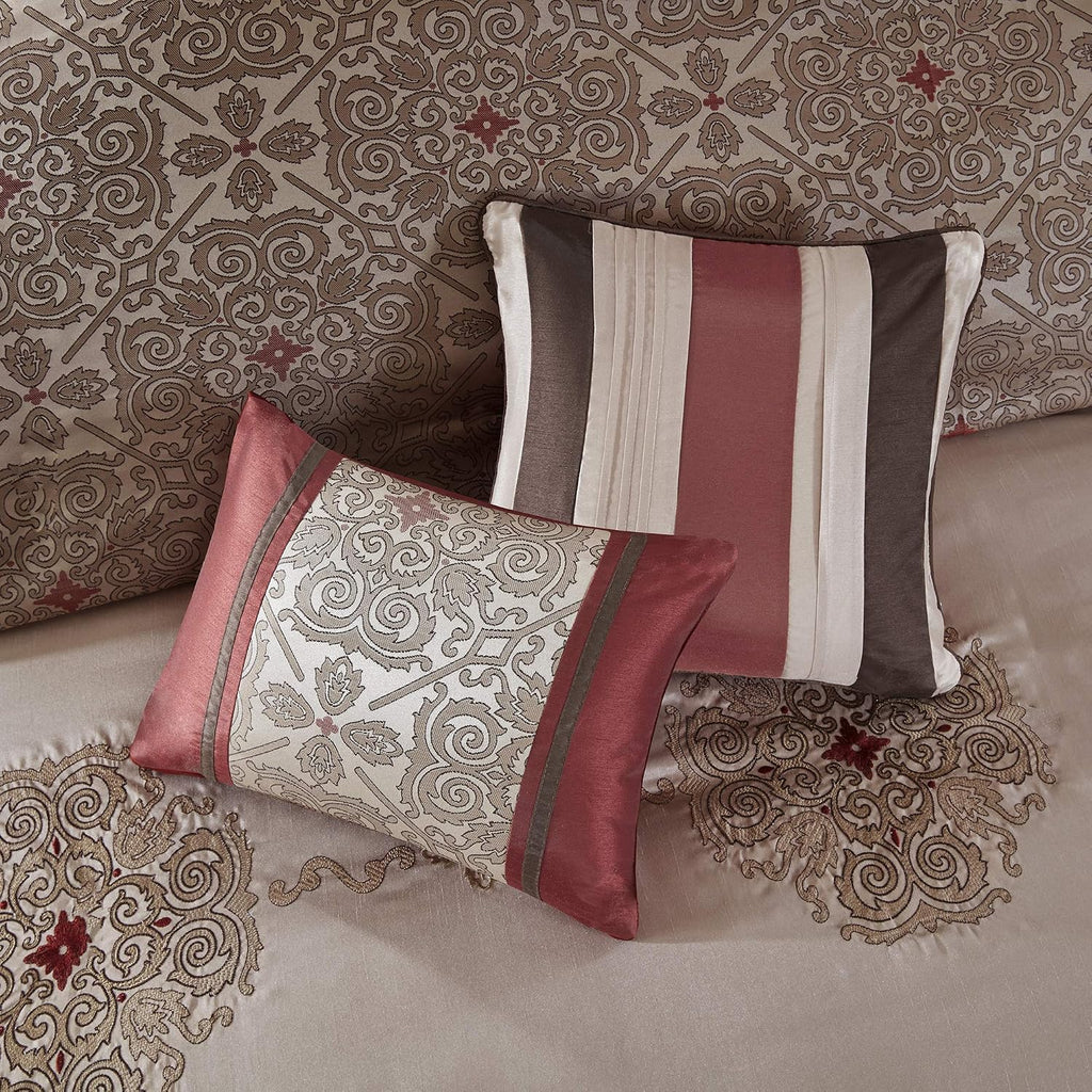 Madison Park Essentials Delaney 24-Piece Room In A Bag Comforter Set-Satin Jacquard, All Season Luxury Bedding, Sheets, decorative pillows and Curtains, Valance, King(104'x92'), Medallion Red