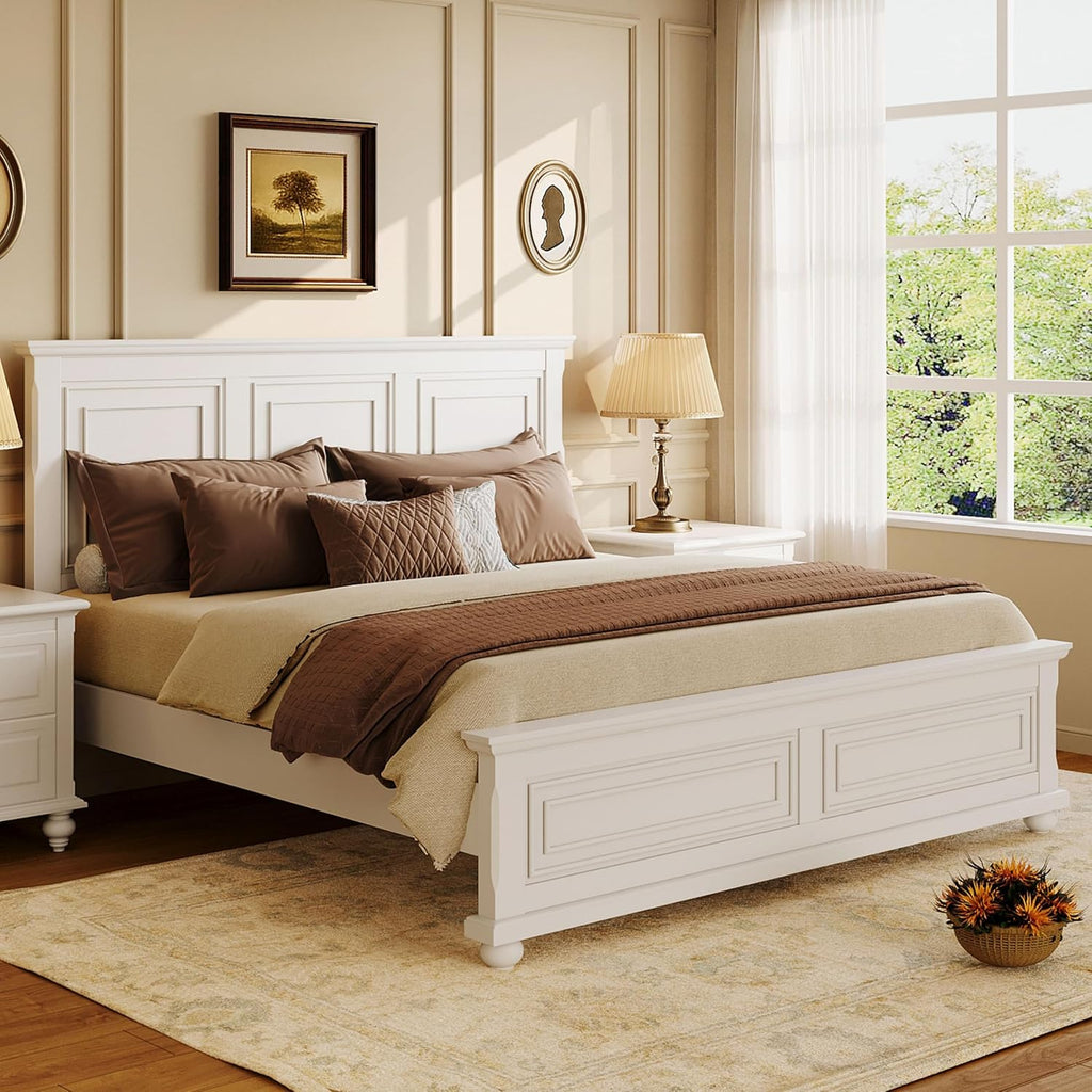 Merax Queen Size Bed Frames Traditional Town and Country Style Pinewood Vintage Bed,No Box Spring Needed,White