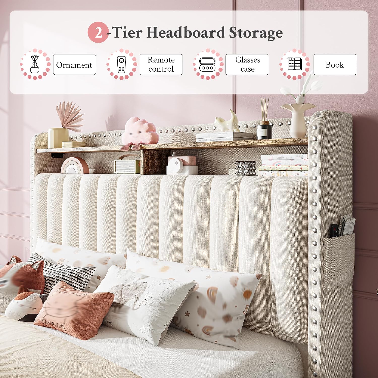 EnHomee Full Size Upholstered Bed Frame with 2 Storage Drawers and 2-Tier Headboard, Vertical Tufted Headboard Design, Extra Storage Space for Bedroom Apartment, Beige
