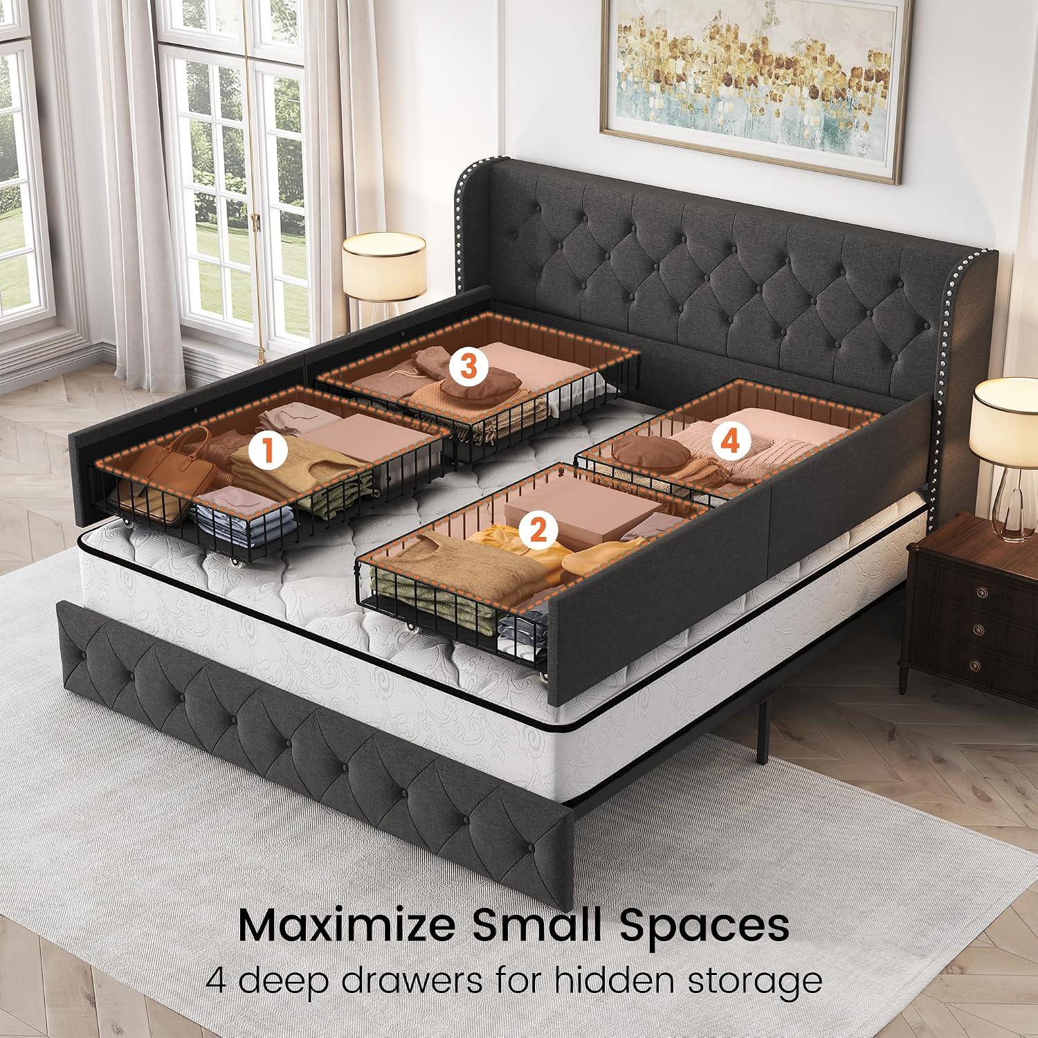 LARMACE King Size Platform Bed Frame with 4 Storage Drawers and 47.2' Tall Tufted Headboard Linen Upholstered Bed Wingback Bed Frame with Wooden Slats Support, Easy Assembly, Dark Grey