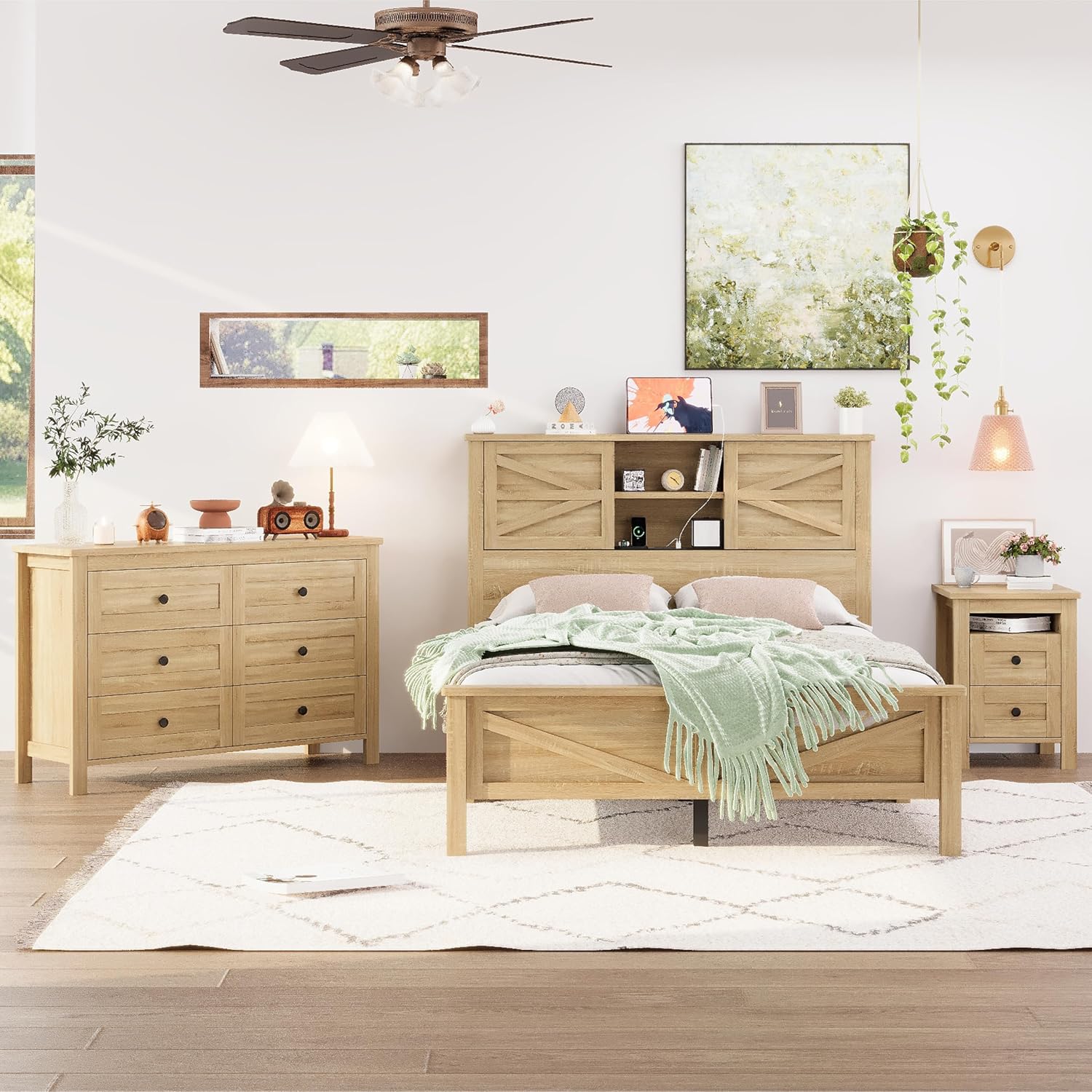 Merax 3-Pieces Bedroom Sets, Farmhouse Platform Bed, Storage Nightstand and Dresser, Bedframe with Double Sliding Door Storage Headboard and Charging Station, Natural, Full Size