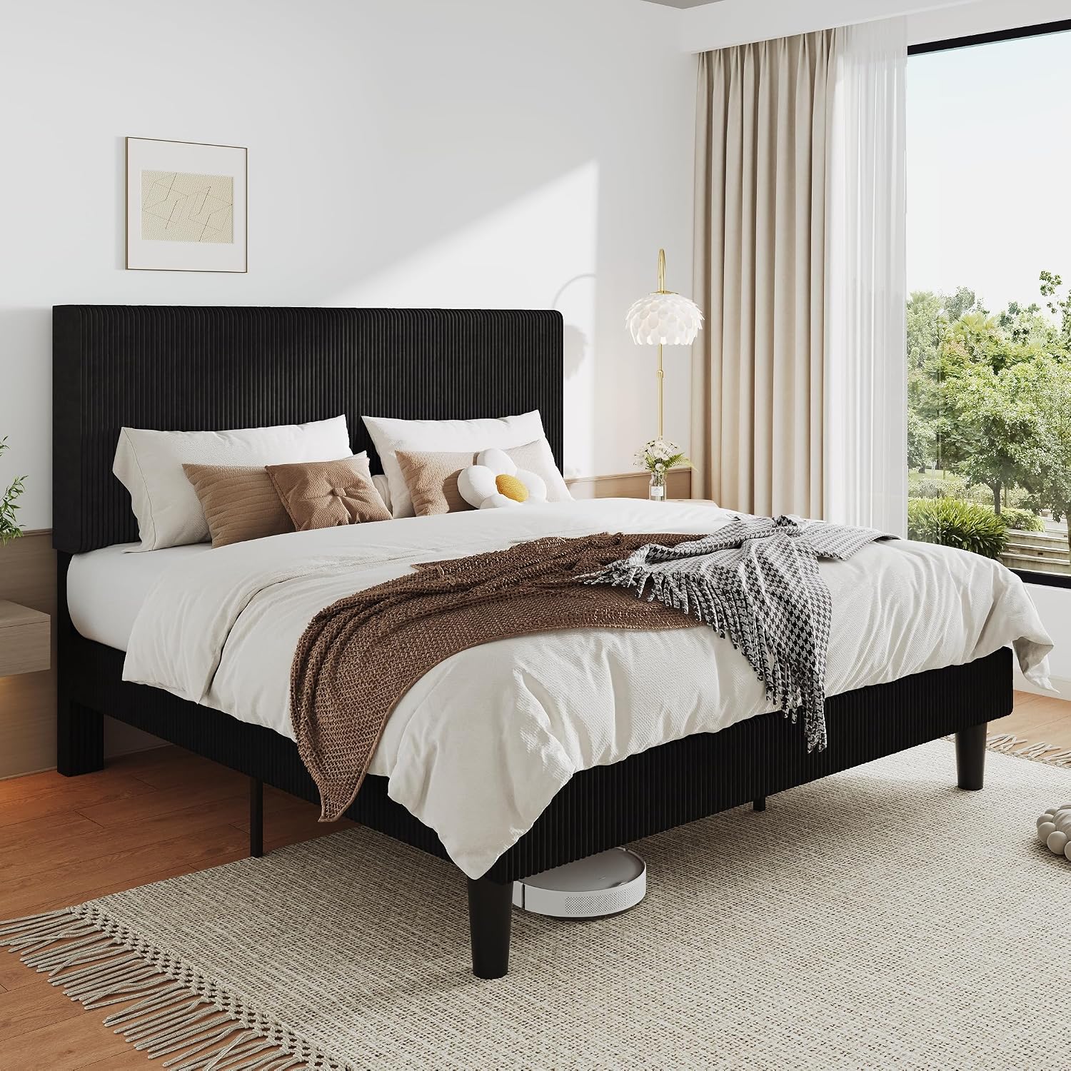 Allewie King Size Upholstered Bed Frame with Vertical Channel Tufted Headboard, Soft Corduroy Fabric Platform Bed, Strong Wooden Slats Support, Easy Assembly, No Box Spring Needed, Black