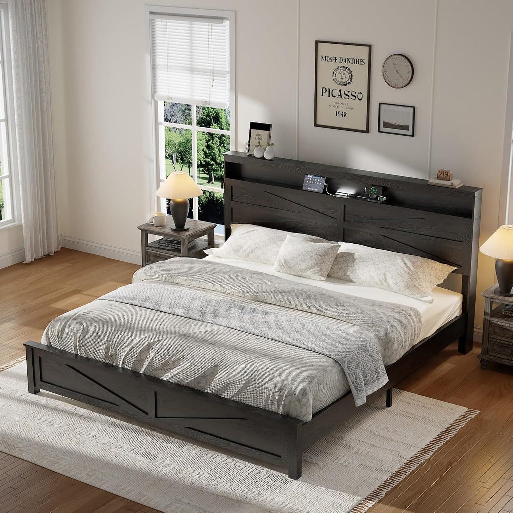 Farmhouse Wooden Bed Frame King Size with Storage Headboard, Boho Platform Bedframe with LED Lights and Charging Station, Metal Slats Support, No Box Spring Needed, Rustic Black