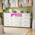 EnHomee Dresser TV Stand with 11 Drawers, 60' TV Stand with LED Lights & Power Outlets, White Dresser for Bedroom with Shelves & 5 Hooks for Dorm, Hallway