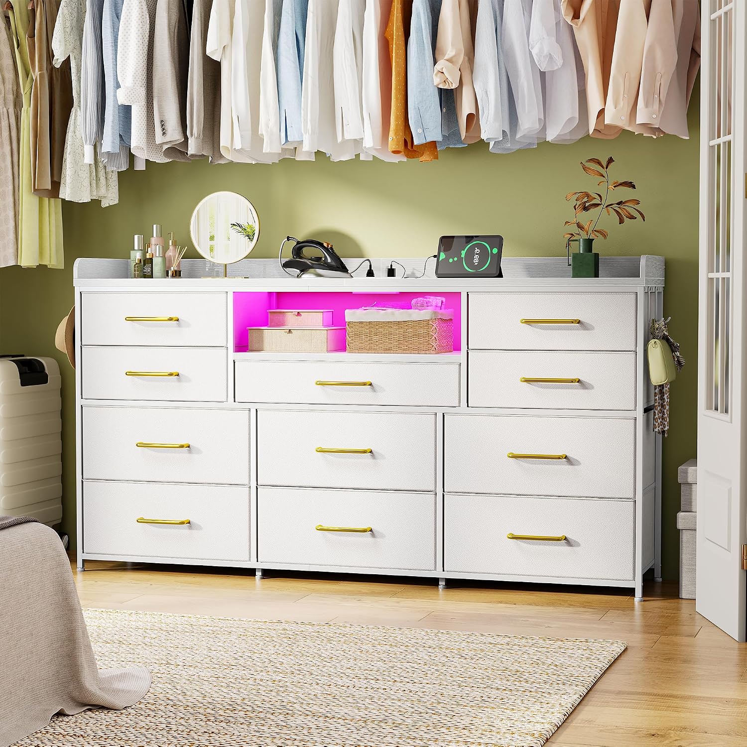 EnHomee Dresser TV Stand with 11 Drawers, 60' TV Stand with LED Lights & Power Outlets, White Dresser for Bedroom with Shelves & 5 Hooks for Dorm, Hallway
