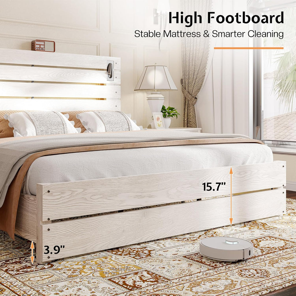 Jocisland King Size Farmhouse Bed Frame with 51' Barn Door Headboard, LED Reading Lights, Platform Bed Frame with Wood Slats, Under Bed Storage Space, Noisy Free, Easy Assembly, Ash White
