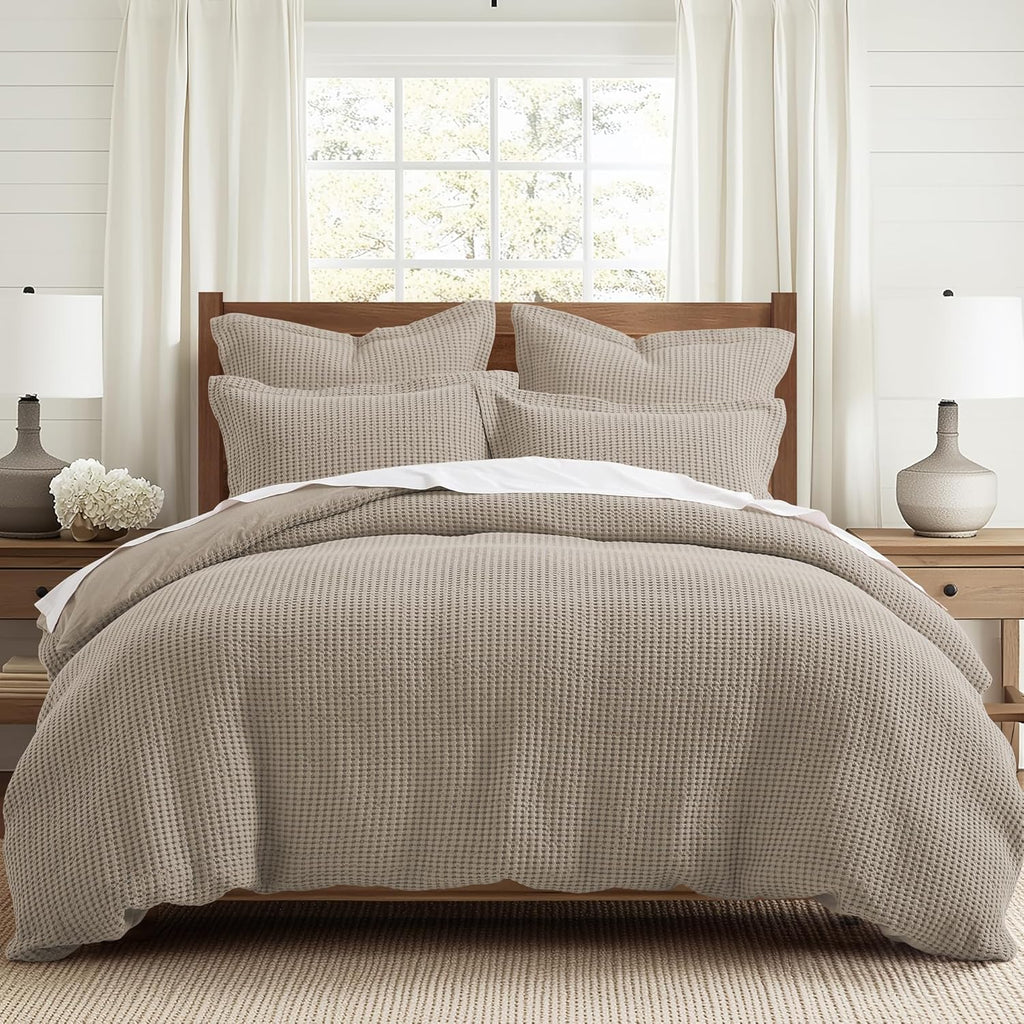 Levtex Home Mills Waffle Queen Duvet Cover Set (90x94in) with 2 Pillow Shams (26x20in) - Beige Fawn - 100% Cotton Queen Size Duvet Cover Set - Soft, Pre-Washed
