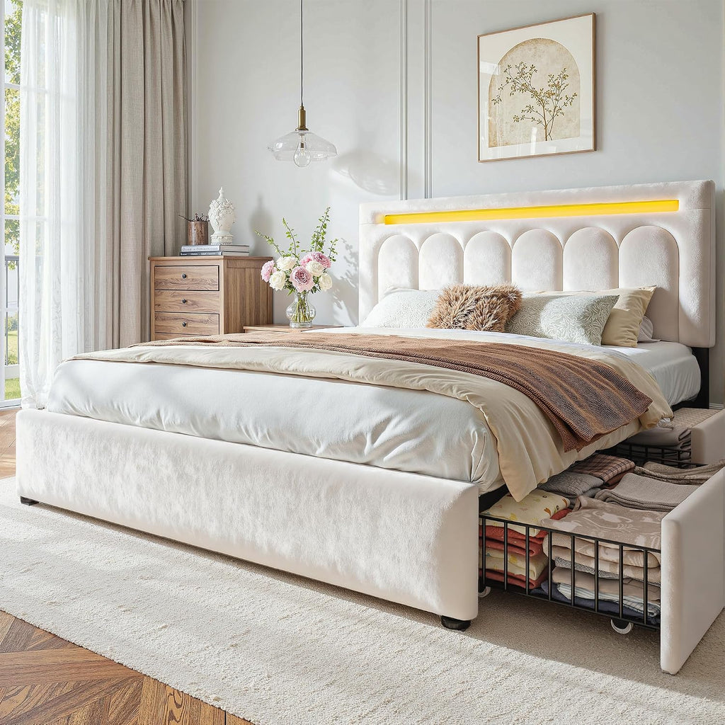 Homkdom Queen Upholstered Bed Frame with 4 Drawers and Velvet Headboard, Platform Bed Frame Queen Size with LED Lights, Wooden Slats Support,Easy Assembly, Beige