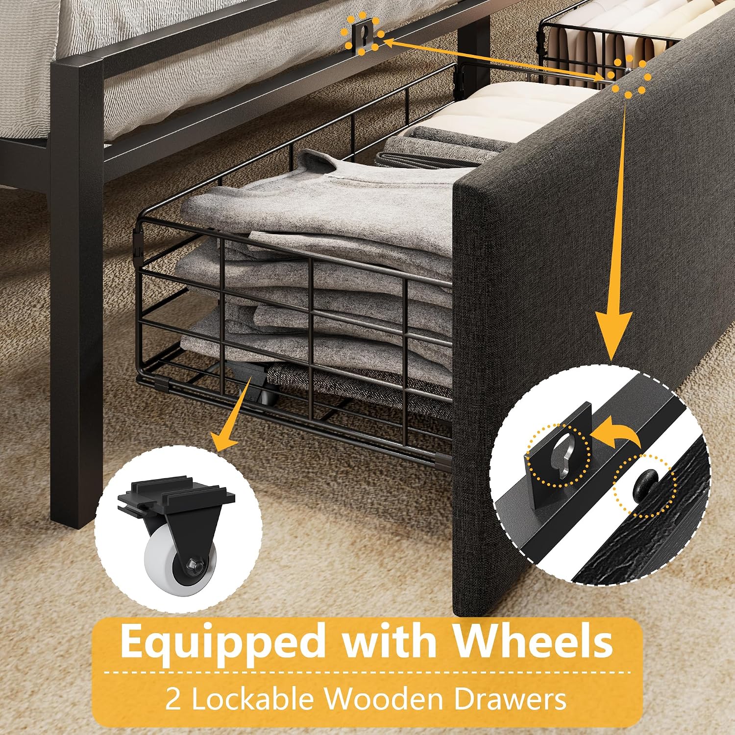 Furnulem Queen Bed Frame with Storage Drawers, Upholstered Headboard with LED Light & Charging Station, Metal Platform Bed Frame Queen Size, Noise Free, No Box Spring Needed, Black (1200 lbs Capacity)