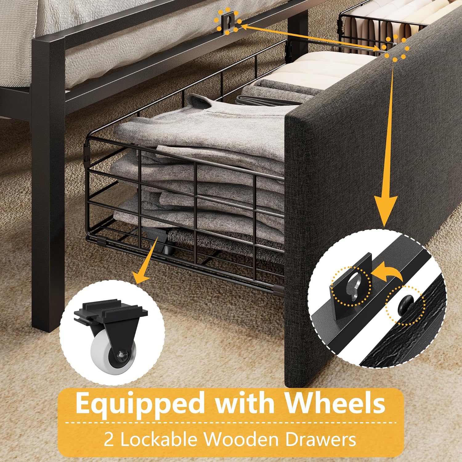 Furnulem Full Size Bed Frame with Upholstered Headboard, Bed Frame Full with Storage Drawers, Charging Station & LED Lights, Metal Platform No Box Spring Needed, Noise Free, Black (1200 lbs Capacity)
