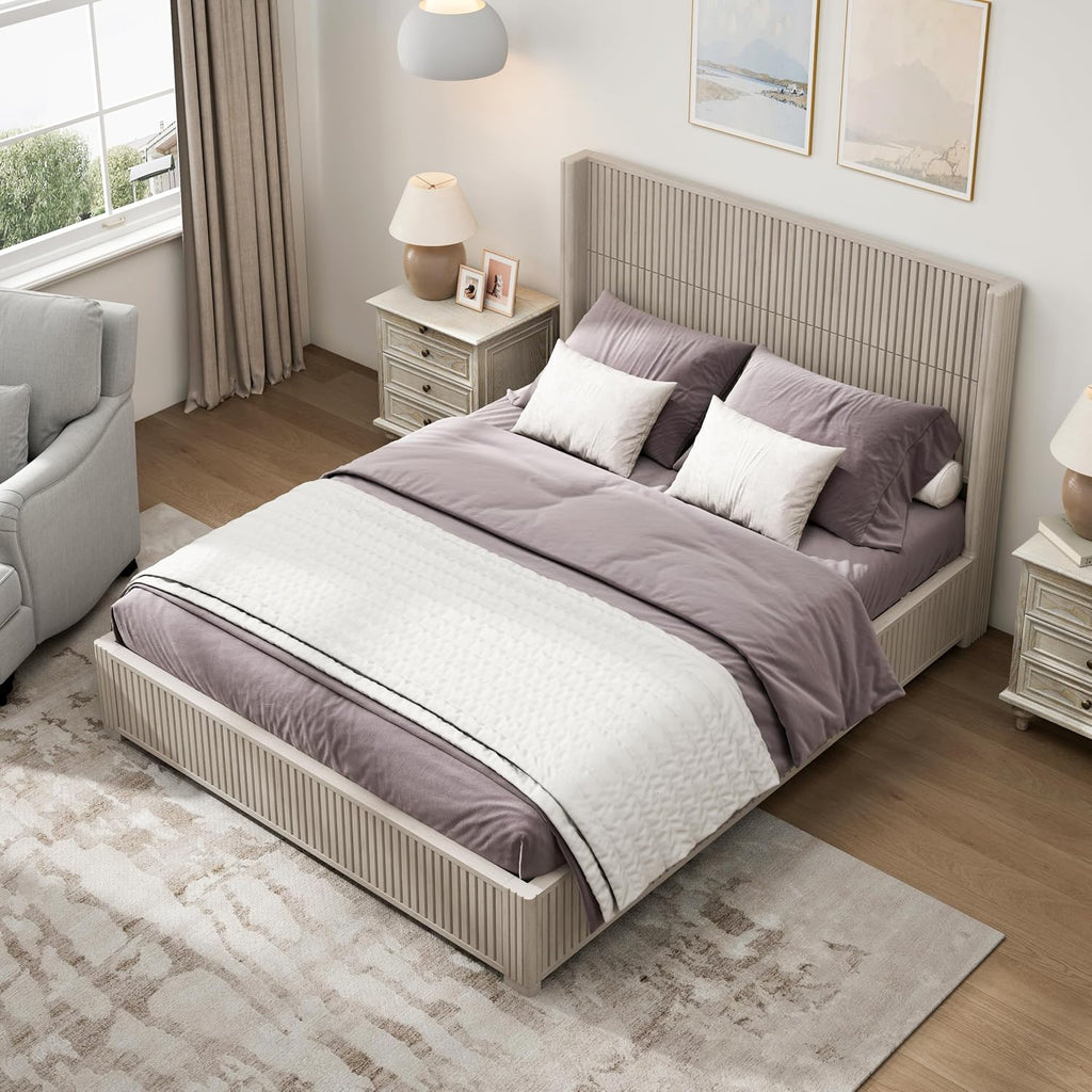 Ball & Cast Fluted Queen Bed Frame with Wingback Headboard,Solid Wood Platform Bed Frame Queen Size with Wood Slats, No Box Spring Needed, Easy Assembly,Beige