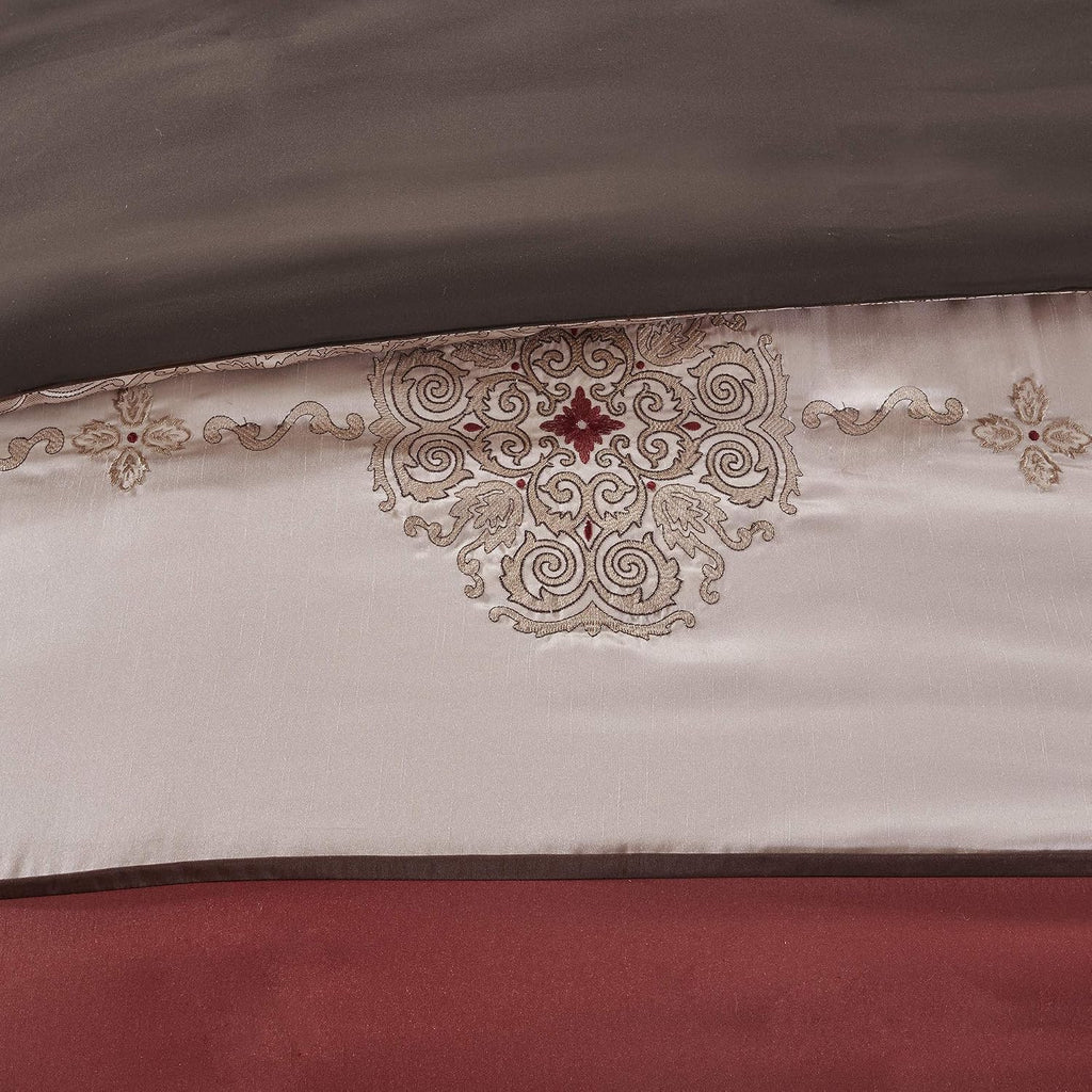 Madison Park Essentials Delaney 24-Piece Room In A Bag Comforter Set-Satin Jacquard, All Season Luxury Bedding, Sheets, decorative pillows and Curtains, Valance, Cal King(104'x92'), Medallion Red