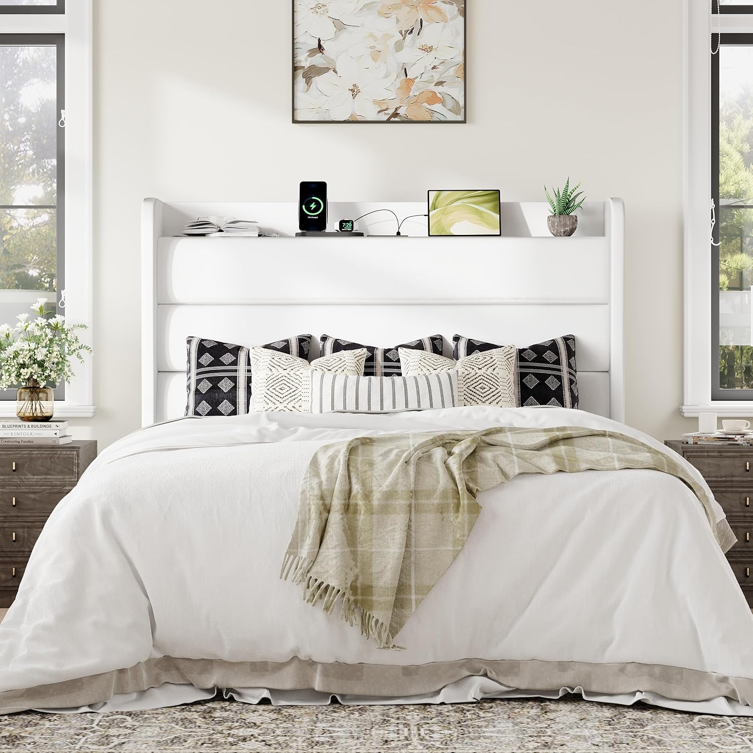 Allewie Full Size Upholstered Bed Frame with Charging Station & Storage Headboard, Soft Velvet Wingback Platform Bed, Strong Wooden Slats Support, No Box Spring Needed, Easy Assembly, White