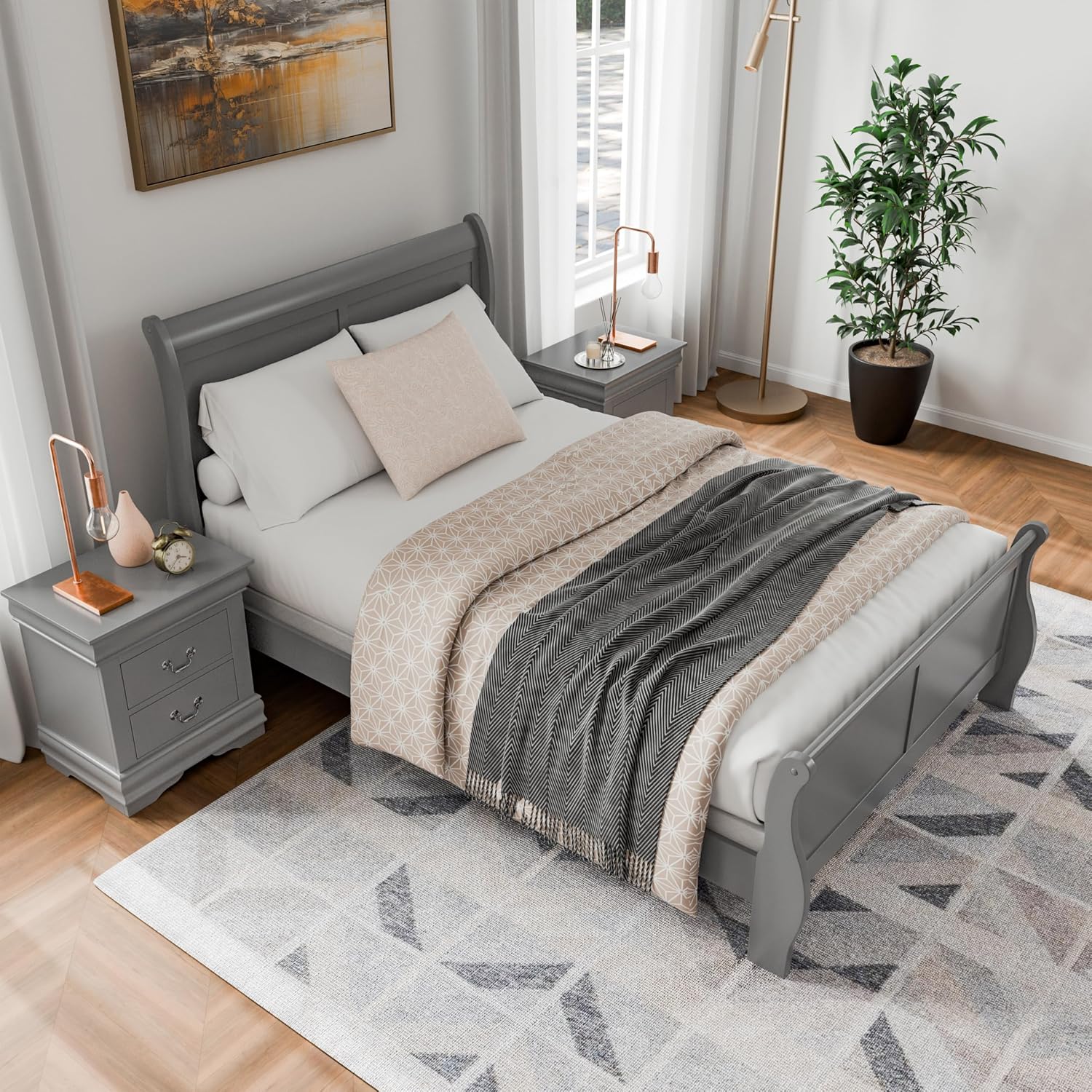Furniture of America Louis Philippe Traditional Solid Wood 3 Piece Bedroom Set, Bed Frame and Nightstands Set of 2, Sleigh Design Bedframe with Headboard and Footboard, Box Spring Needed, Full, Gray