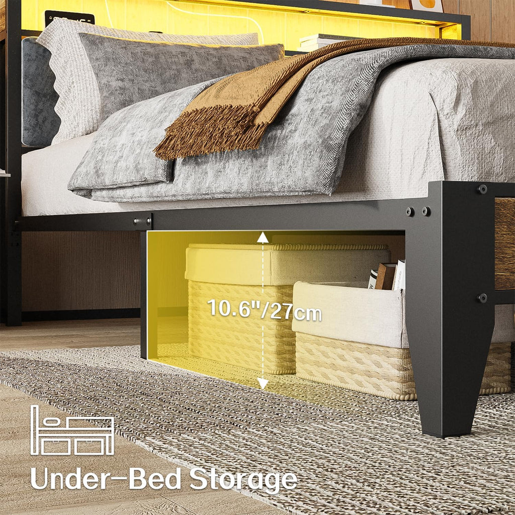 OLEVS King Bed Frame with Headboard, Metal Platform Bed King Size with 2-Tier Storage, LED Light & Charging Station Type C, No Box Spring Needed, Easy Assembly